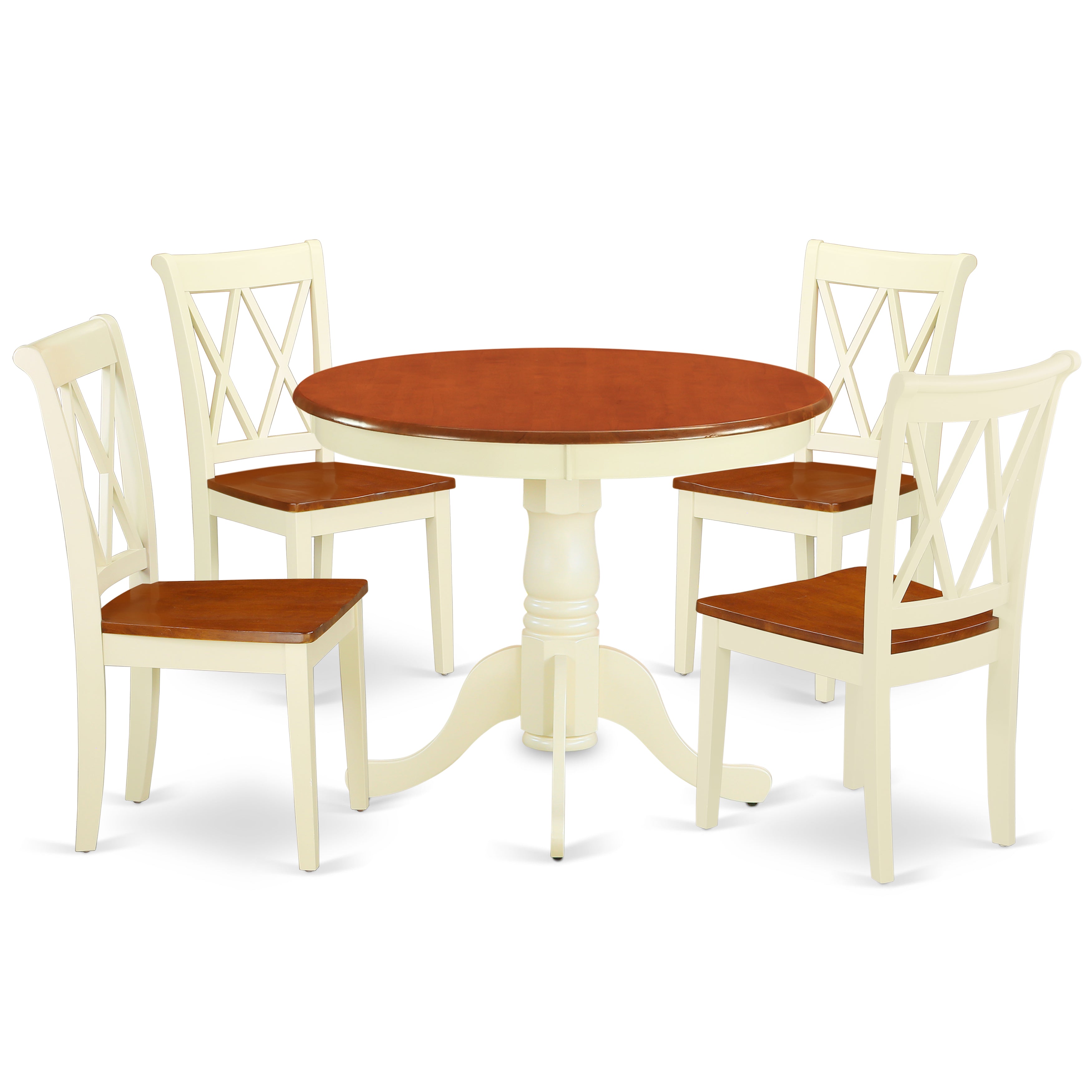 ANCL5-BMK-W 5PC Round 36 inch Table and 4 Double X back Chairs