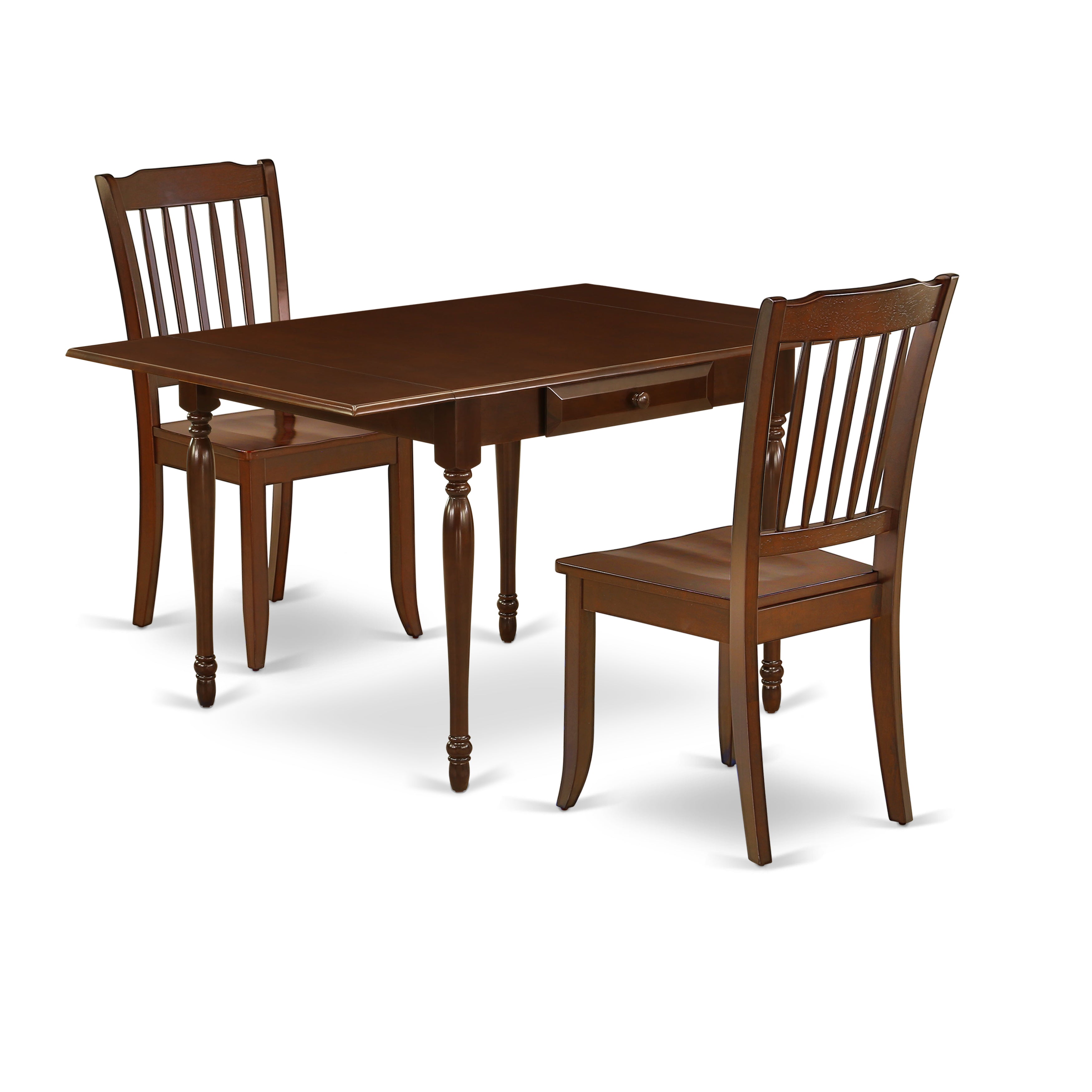 East West Furniture MZDA3-MAH-W 3Pc Dinette Set Consists of a Wood Dining Table and 2 Kitchen Chairs with Wooden Seat, Drop Leaf Table with Slat Back Chairs, Mahogany Finish