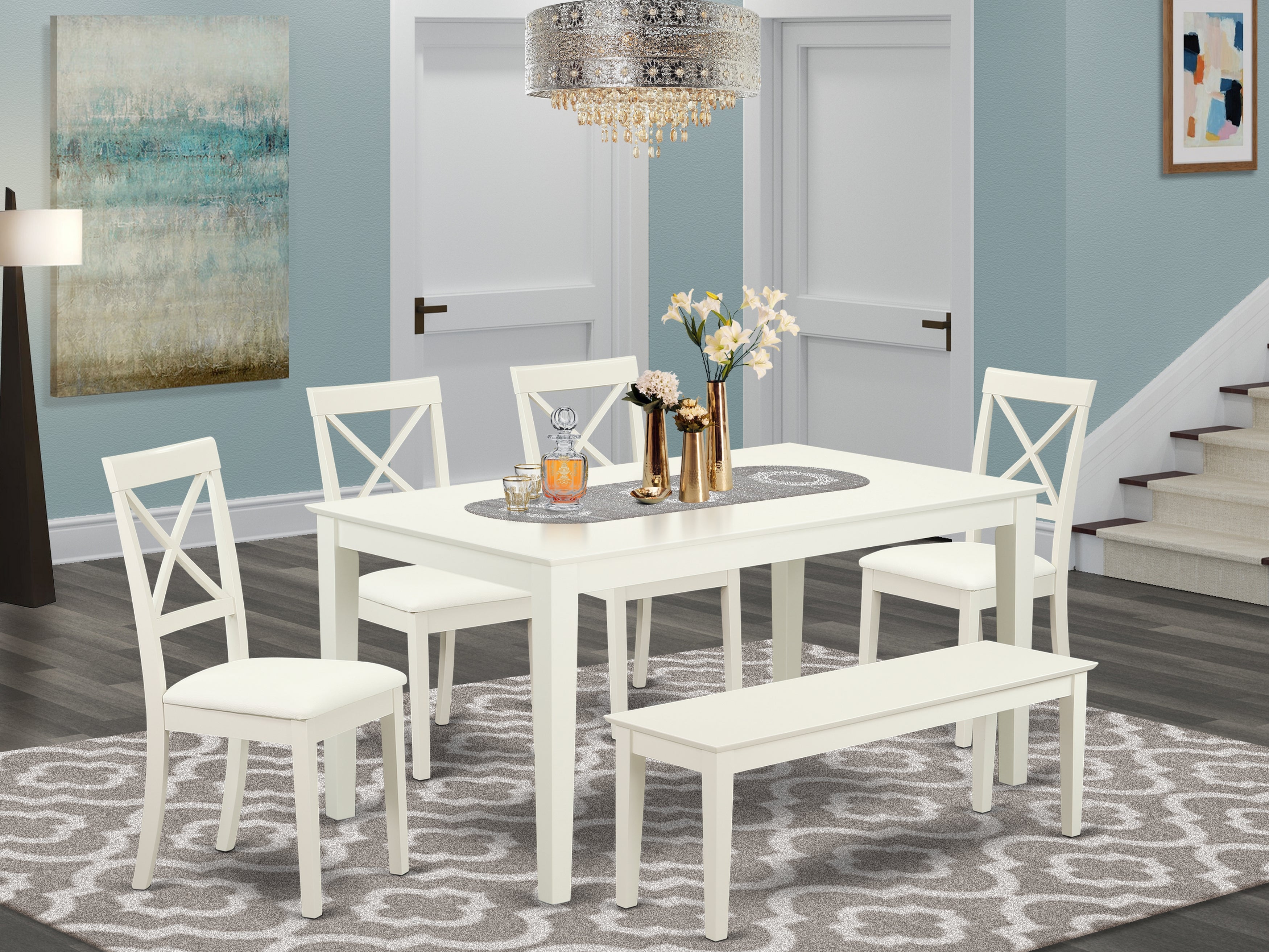 CABO6-LWH-LC 6 Piece dining room Set for 6 set-Dining table and 4 Dining Chairs plus one Bench in Linen White