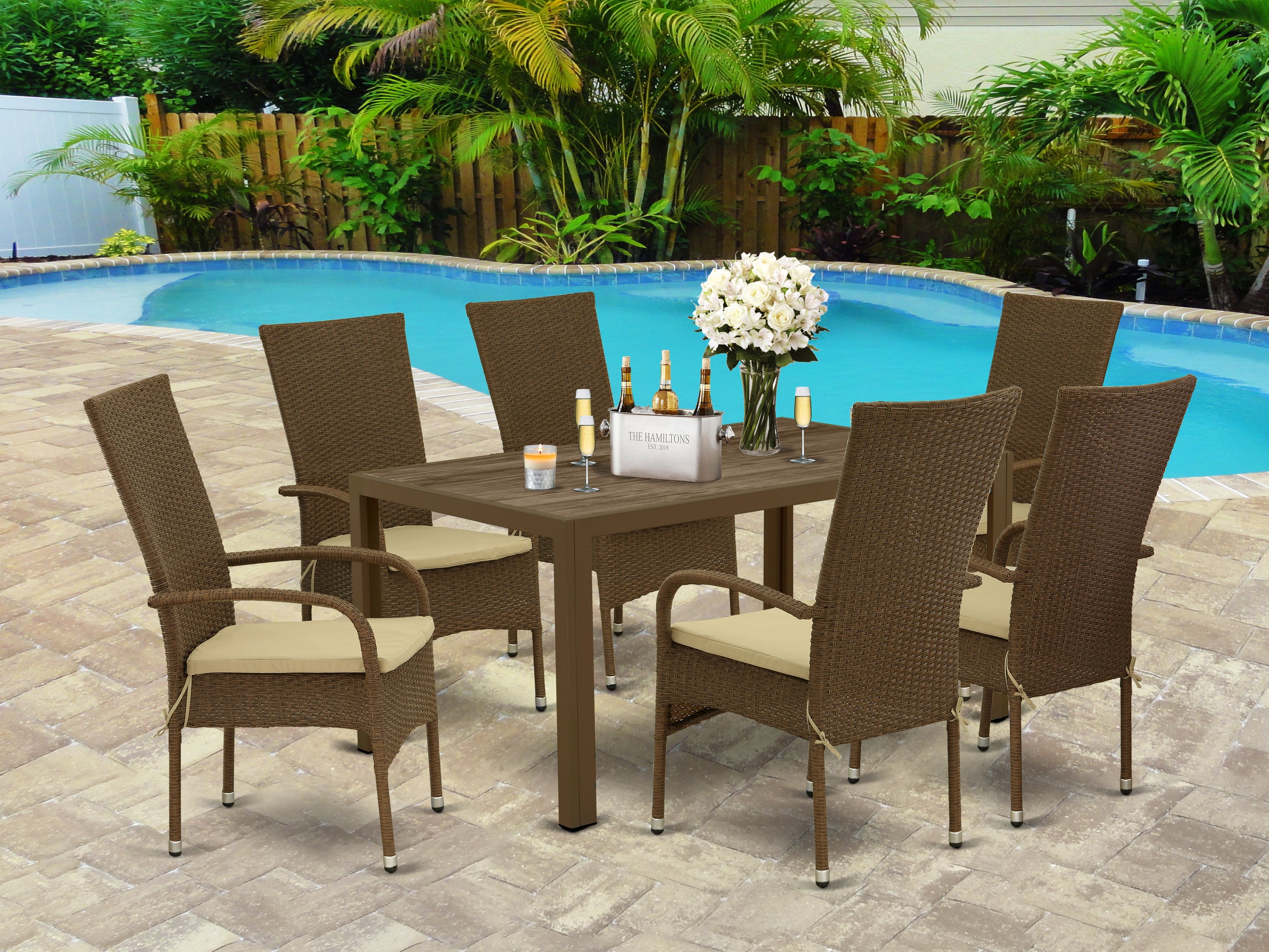 JUOS7-02A 7Pc Outdoor-Furniture Brown Wicker Dining Set Includes a Patio Table and 6 Balcony Backyard Armchair with Linen Fabric Cushion