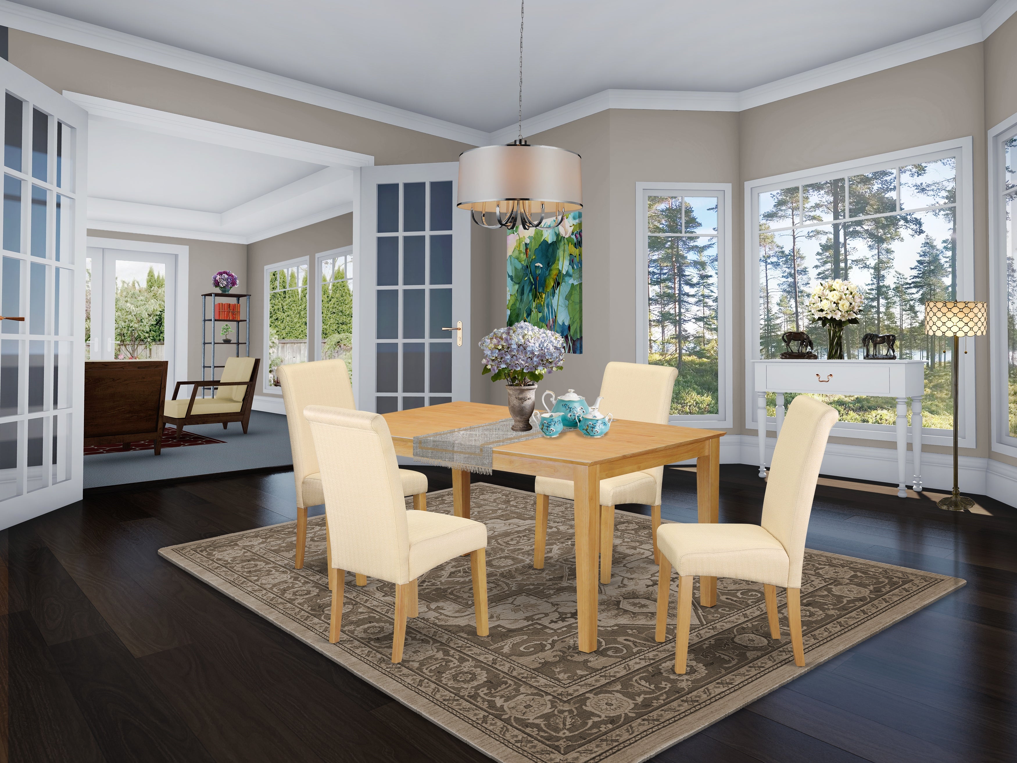 CABA5-OAK-02 5Pc Dining table with linen beige fabric Parson chairs with oak chair legs