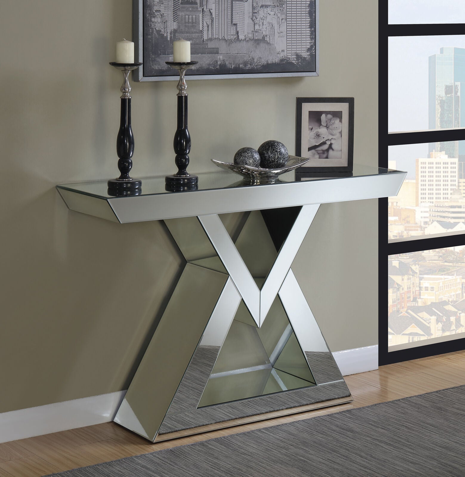 Coaster Modern Essence Console Table With Triangle Base Clear Mirror 930009