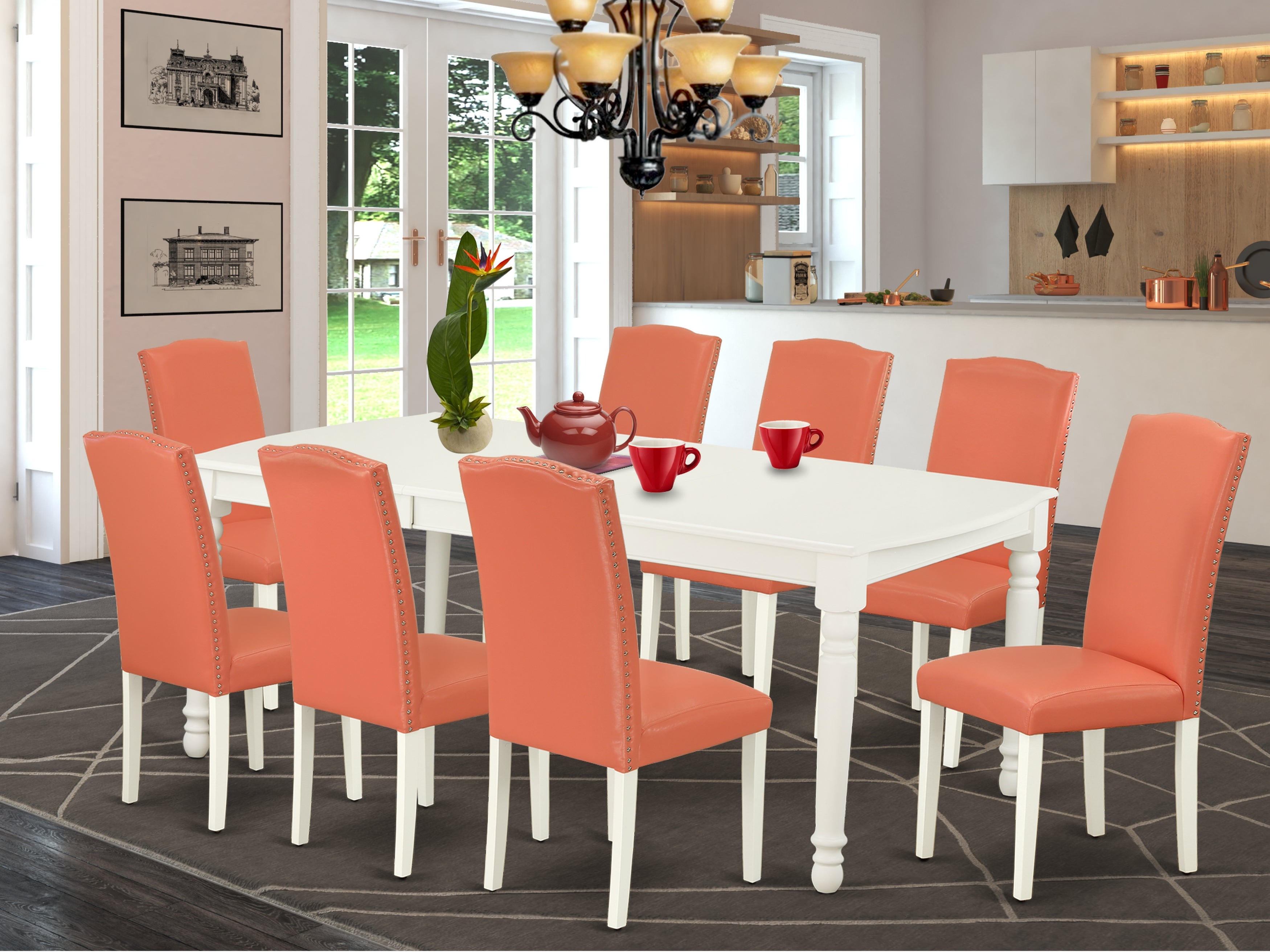 DOEN9-LWH-78 9Pc Rectangle 60/78 Inch Dining Table With 18 In Leaf And 8 Parson Chair With Linen White Leg And Pu Leather Color Pink Flamingo