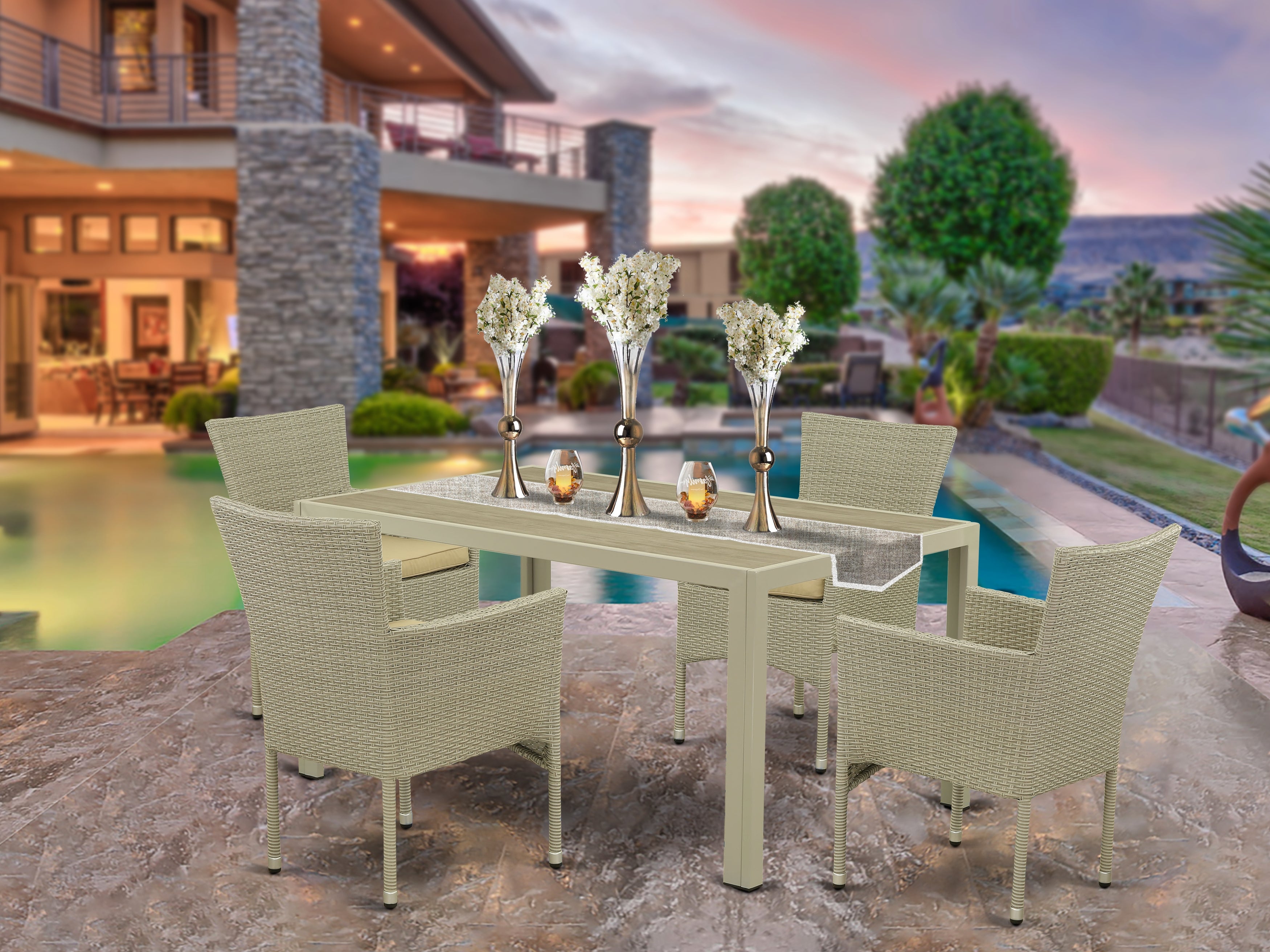 JUBK5-03A 5Pc Outdoor-Furniture Natural Color Wicker Dining Set Includes a Patio Table and 4 Balcony Backyard Armchair with Linen Fabric Cushion