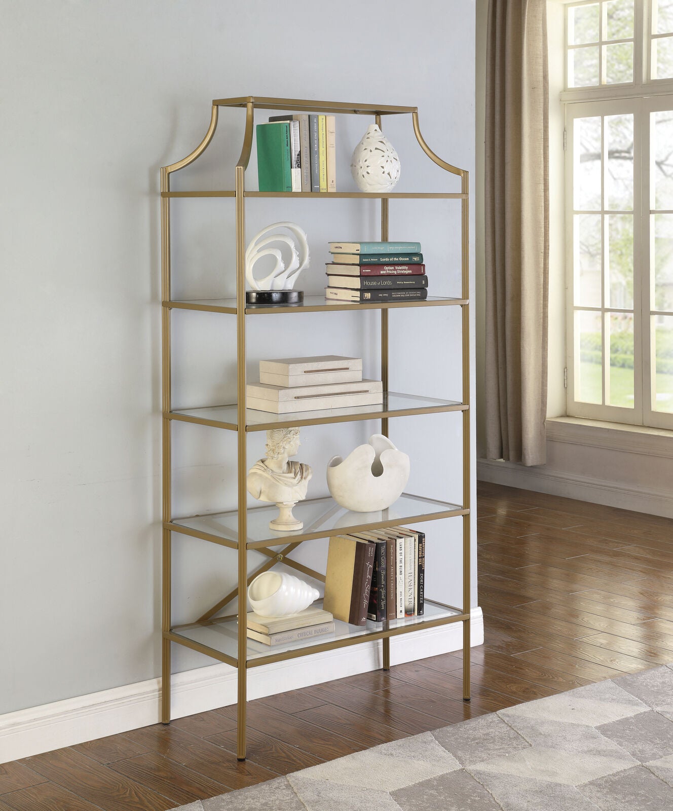 Modern 5-Tier Tempered Glass Shelves Bookcase Shelf Matte Gold