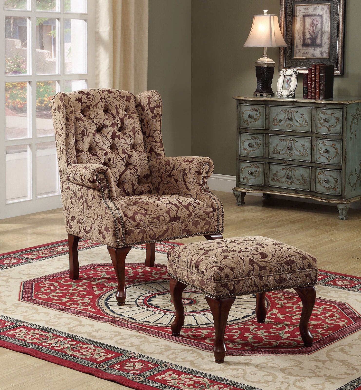 Coaster Company Traditional Wing Back Chair/Ottoman Set, Light Brown/Burgundy