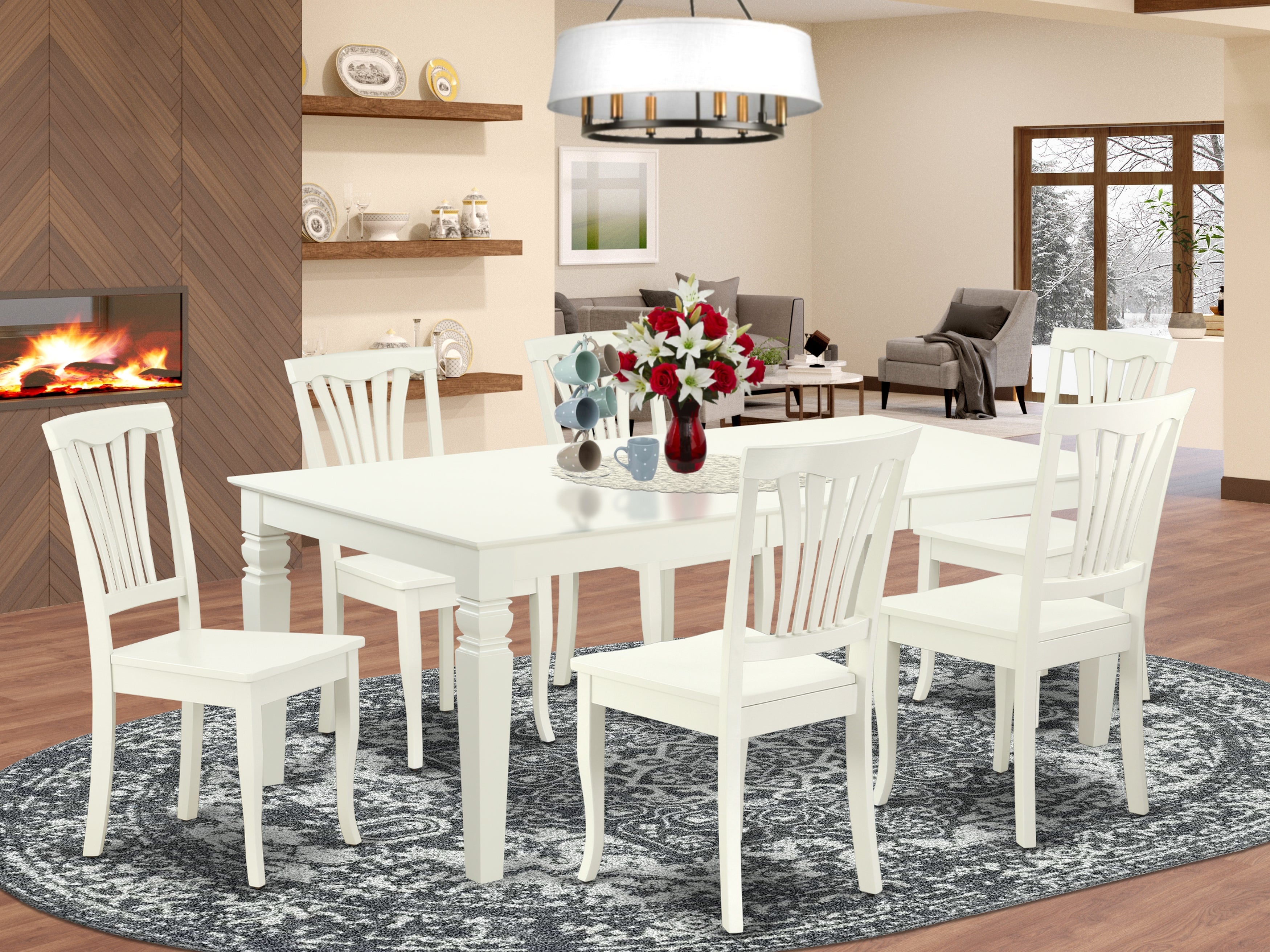 LGAV7-LWH-W 7PC Rectangular 66/84 inch Table with 18 In Leaf and 6 vertical slatted Chairs