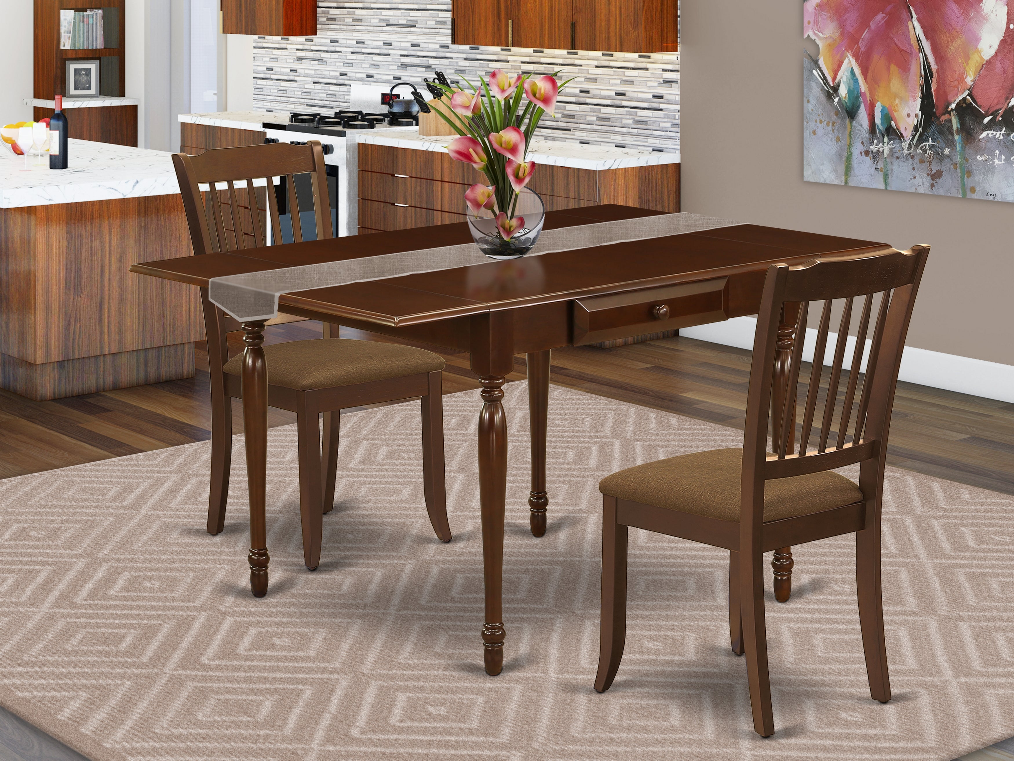 East West Furniture MZDA3-MAH-C 3Pc Dinette Sets for Small Spaces Offers a Dining Room Table and 2 Modern Dining Chairs with Microfiber Upholstery Seat, Drop Leaf Table with Slat Back Chairs, Mahogany Finish