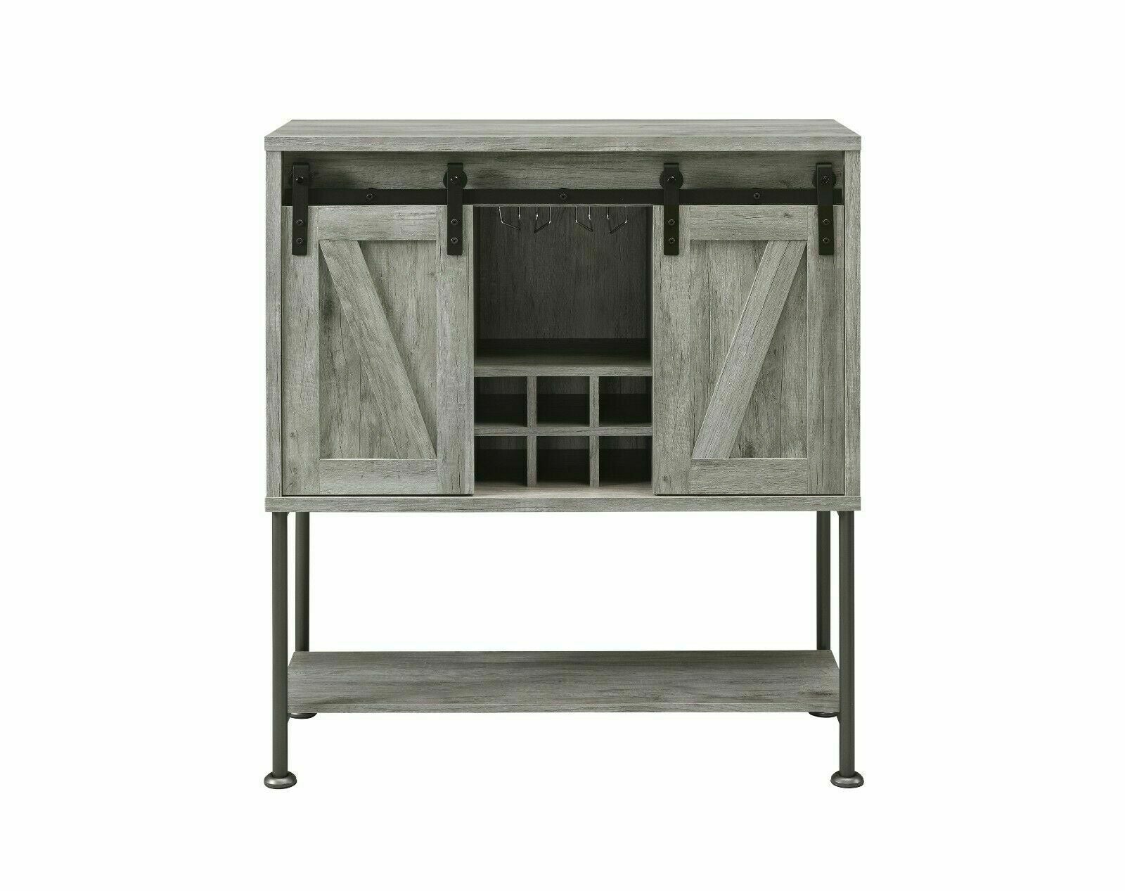 Coaster Country Rustic Farmhouse Sliding Barn Door Bar Cabinet Wine Storage Gray