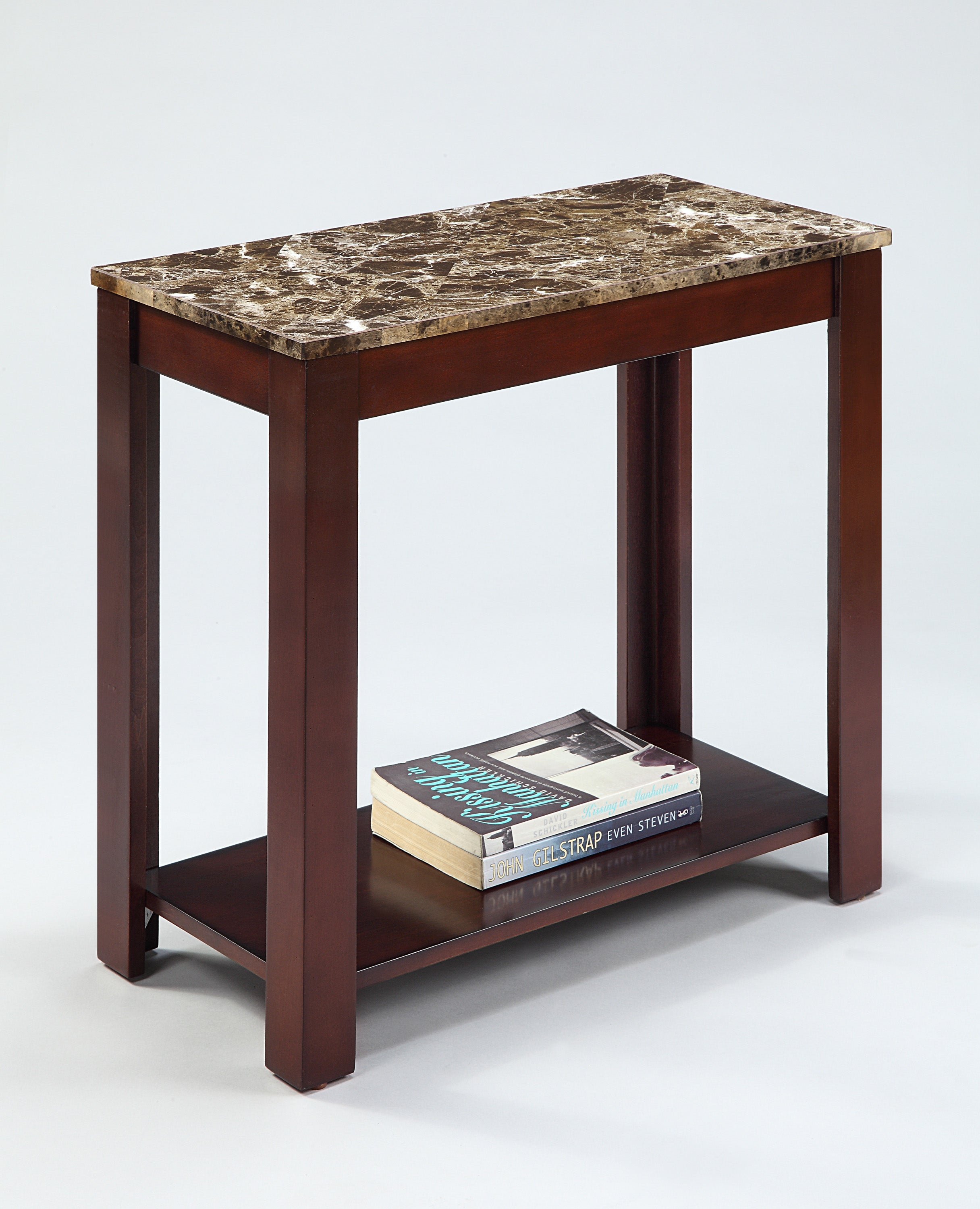 Crown Mark Devon Rectangular Chairside Table, faux marble and brown finish