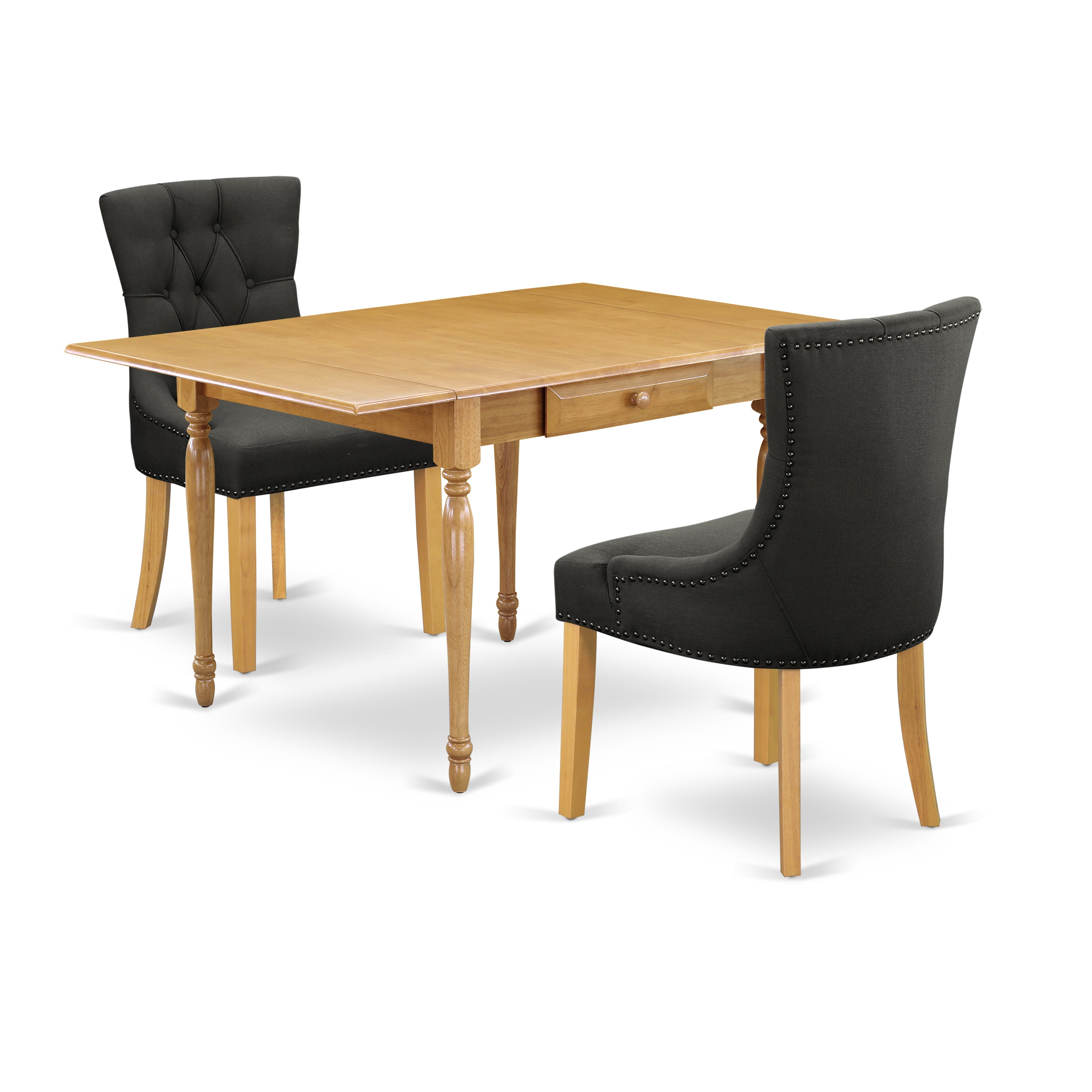 East West Furniture MZFR3-OAK-20 3Pc Dinette Sets for Small Spaces Includes a Rectangle Table and 2 Parsons Dining Room Chairs with Dark Gotham Grey Color Linen Fabric, Drop Leaf Table with Full Back Chairs, Oak Finish