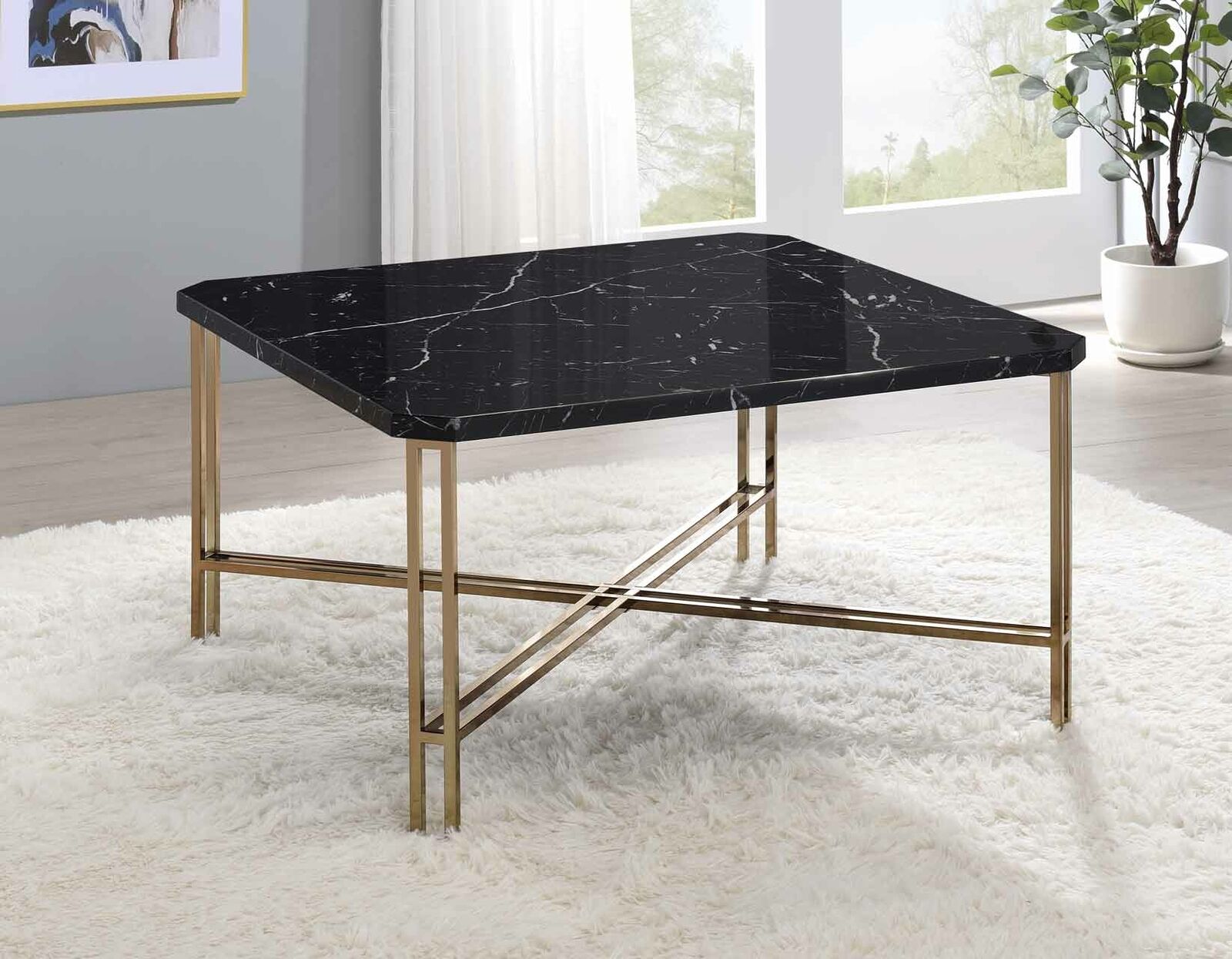 Daxton Black And Gold Faux-Marble Top Square Occasional Cocktail Table