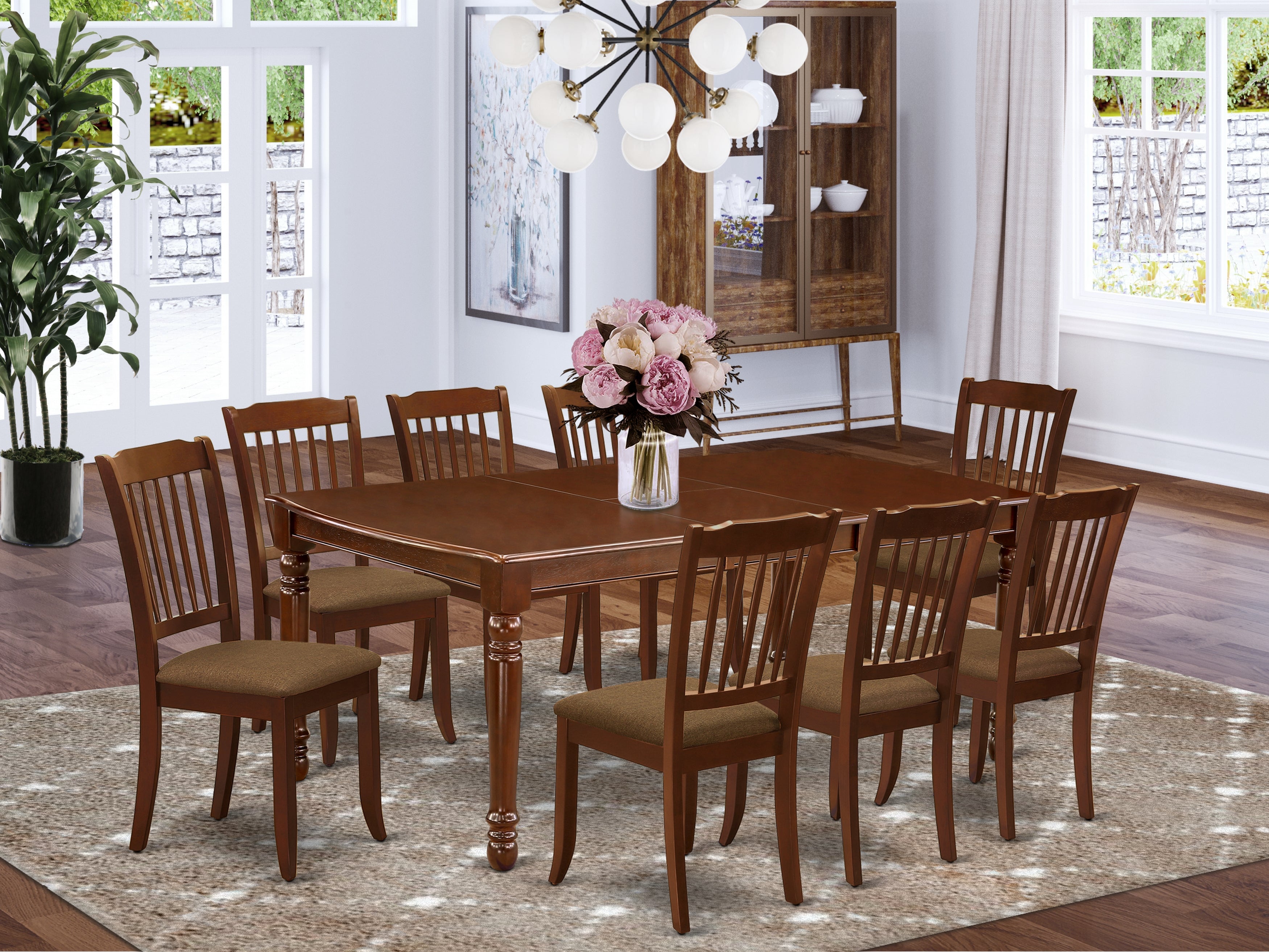 DODA9-MAH-C 9Pc Dining Set Includes a Rectangle Dinette Table with Butterfly Leaf and Eight Vertical Slatted Microfiber Seat Kitchen Chairs, Mahogany Finish