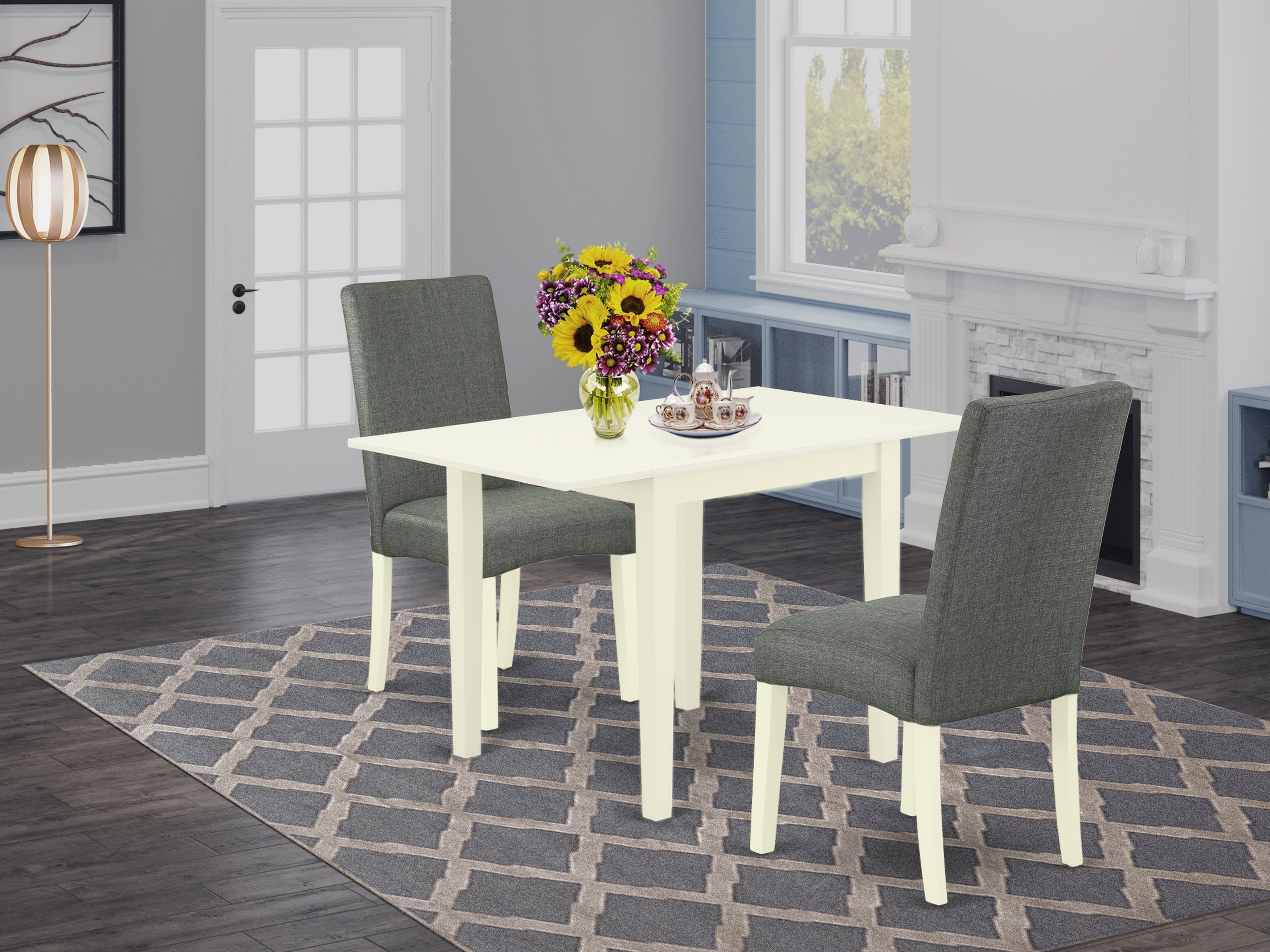 East West Furniture NDDR3-LWH-07 Dining Set 3 Pcs - Two Dining Chairs and a Wood Table - Linen White Finish Solid Wood - Grey Color Linen Fabric