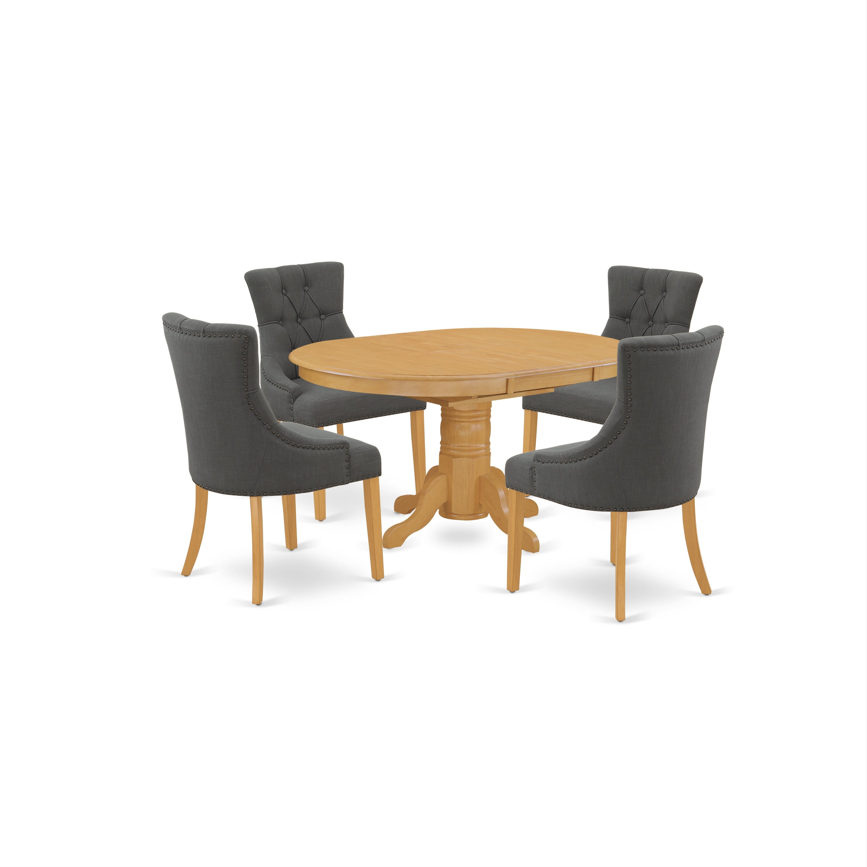 AVFR5-OAK-20 5Pc Dining Set Includes an Oval Dinette Table with Butterfly Leaf and Four Parson Chairs with Dark Gotham Grey Fabric, Oak Finish