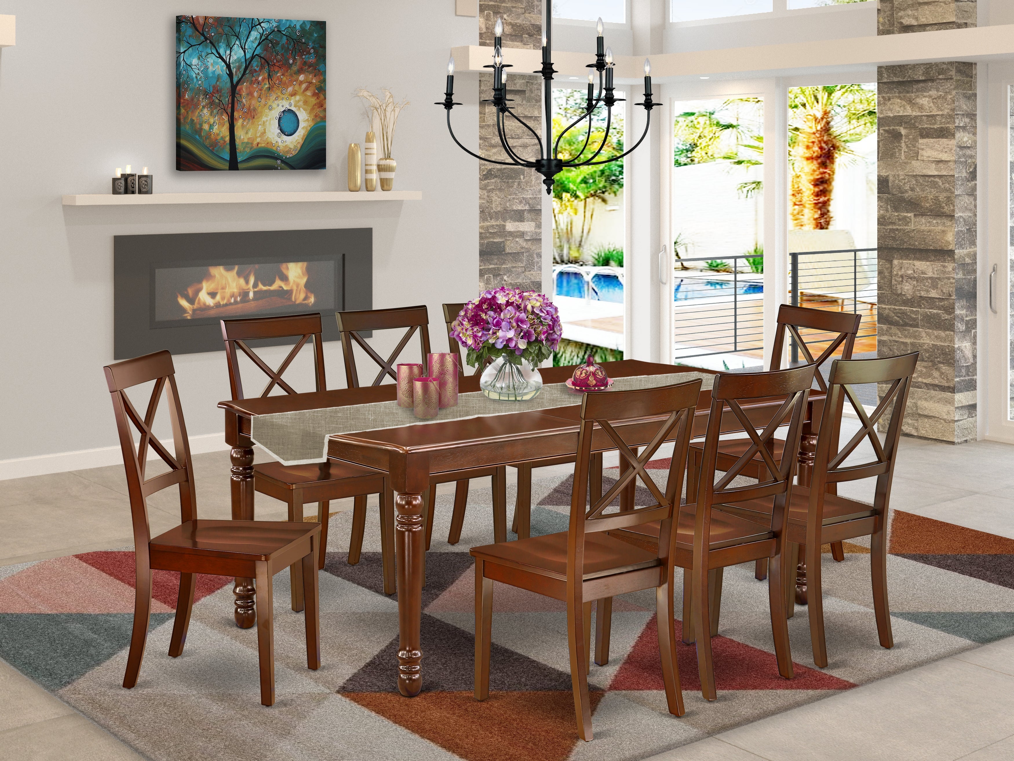 DOBO9-MAH-W 9Pc Rectangular 60/78" Family Table With 18 In Butterfly Leaf And 8 Wood Seat Chairs