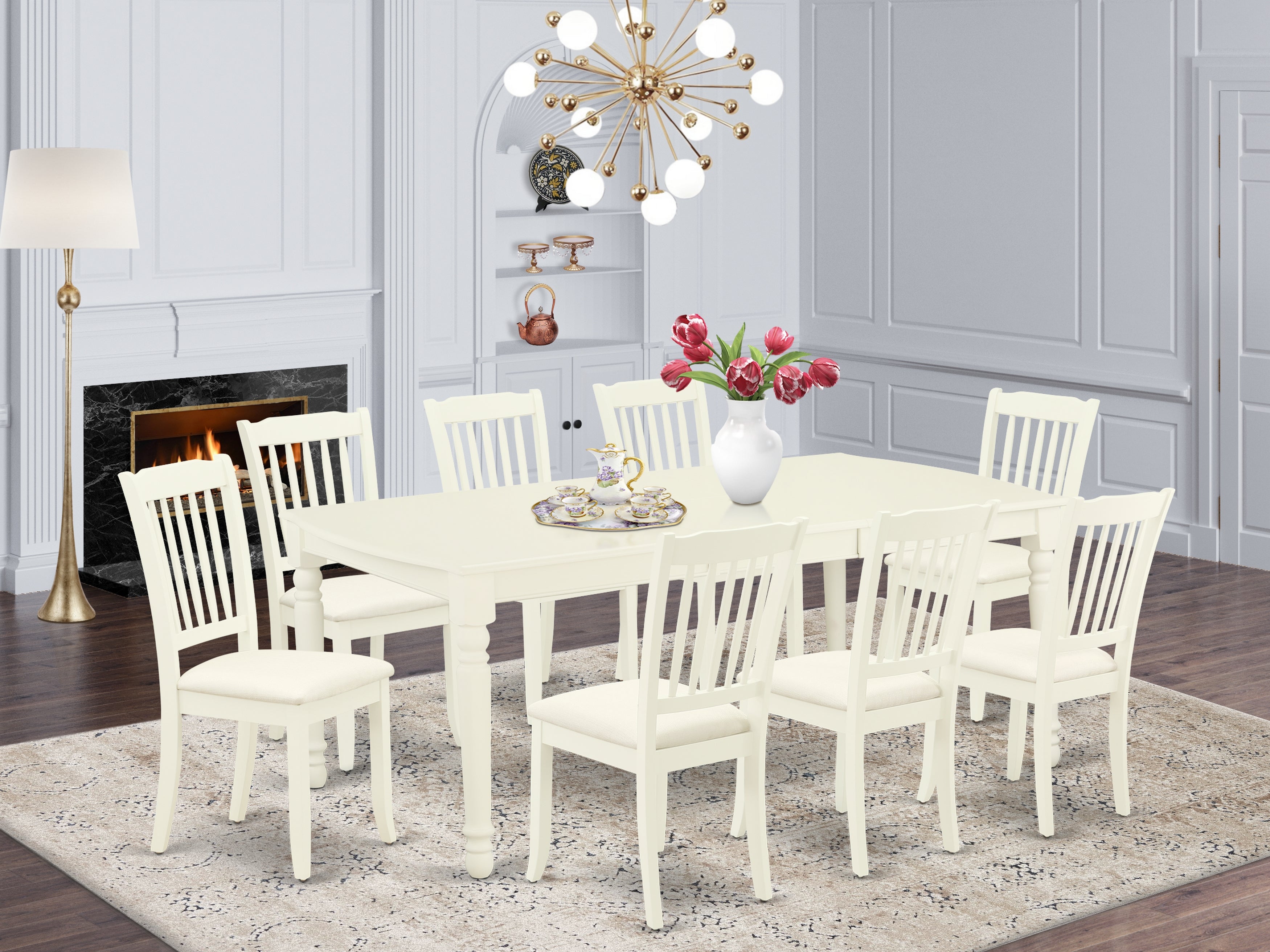 DODA9-LWH-C 9Pc Dining Set Includes a Rectangle Dinette Table with Butterfly Leaf and Eight Vertical Slatted Microfiber Seat Kitchen Chairs, Linen White Finish