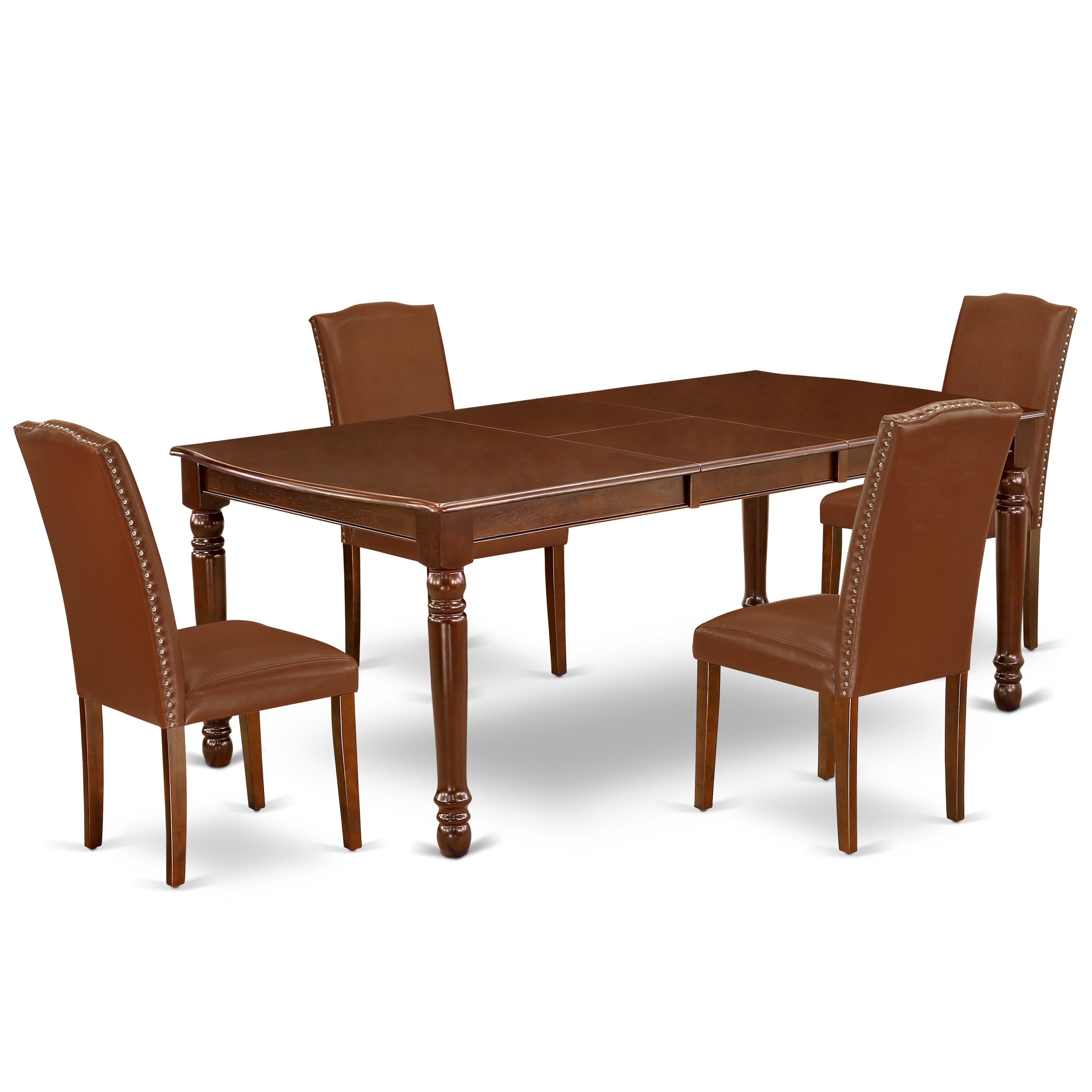 DOEN5-MAH-66 5Pc Rectangular 60/78" Table With 18 In Leaf And Four Parson Chair With Mahogany Leg And Brown Flaux Leather