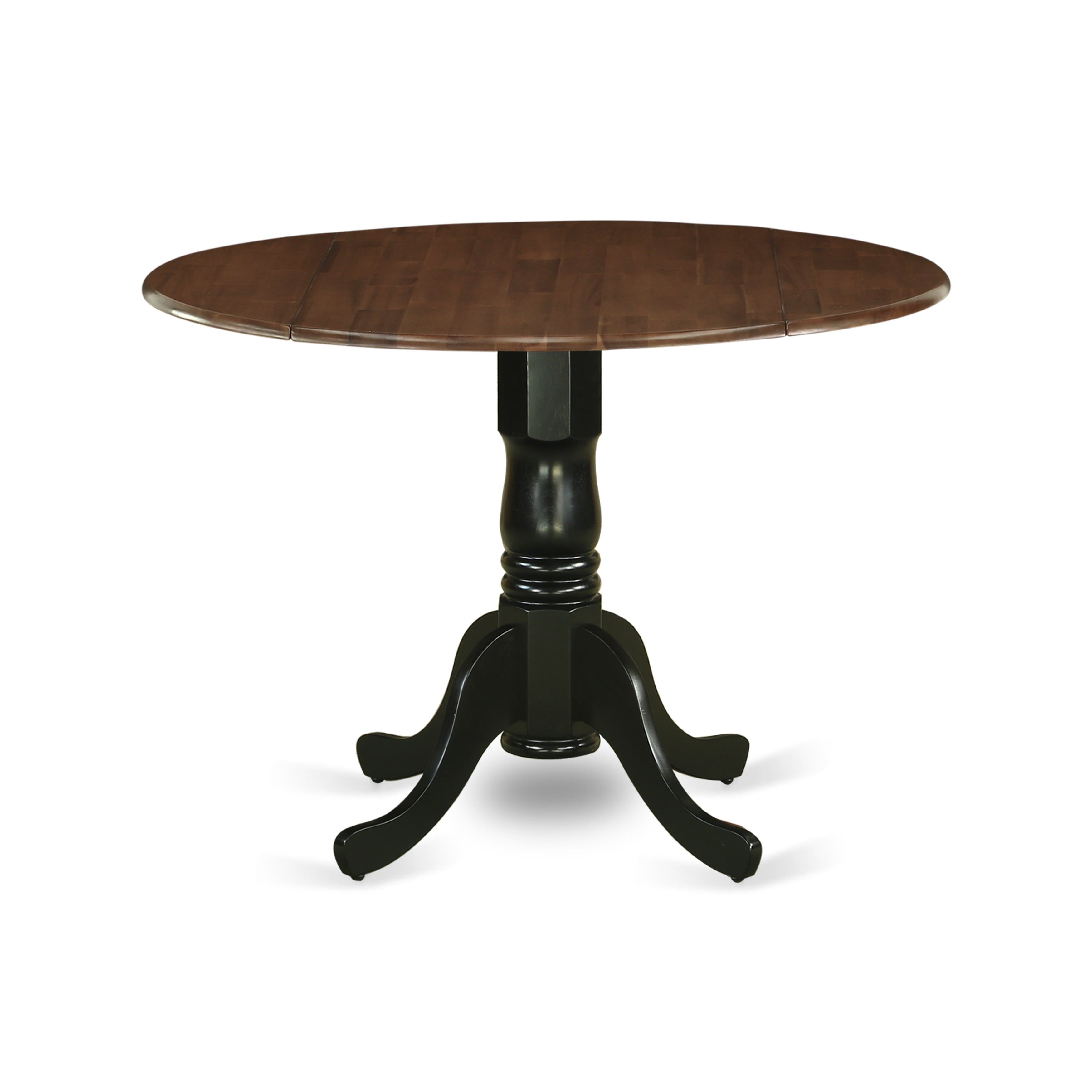 DMT-WBK-TP Dublin Dining Table Made of Rubber Wood offering Walnut Finish Table Top with Two 9 Inch Drop Leaves, 42 Inch Round, Wirebrushed Black Pedestal