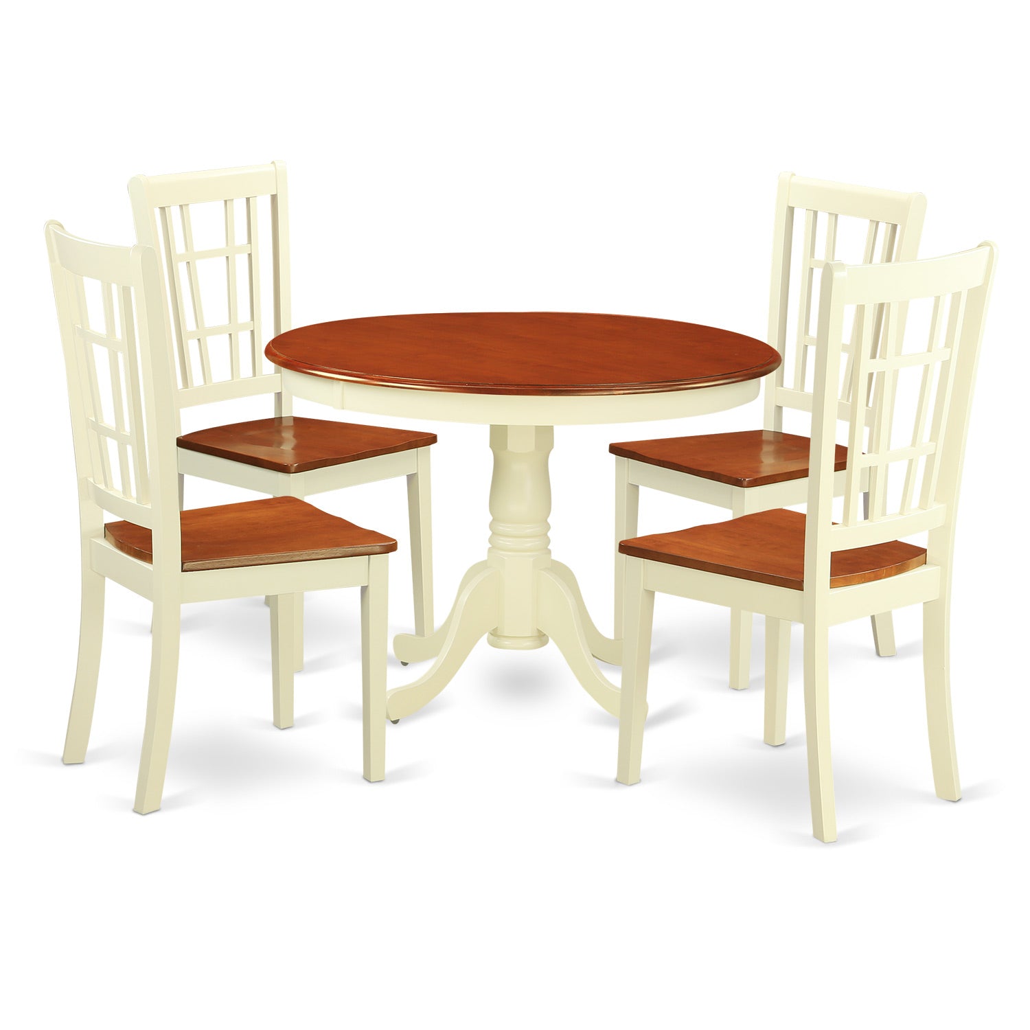 HLNI5-BMK-W 5 Pc set with a Round Table and 4 Leather Kitchen Chairs in Buttermilk and Cherry .