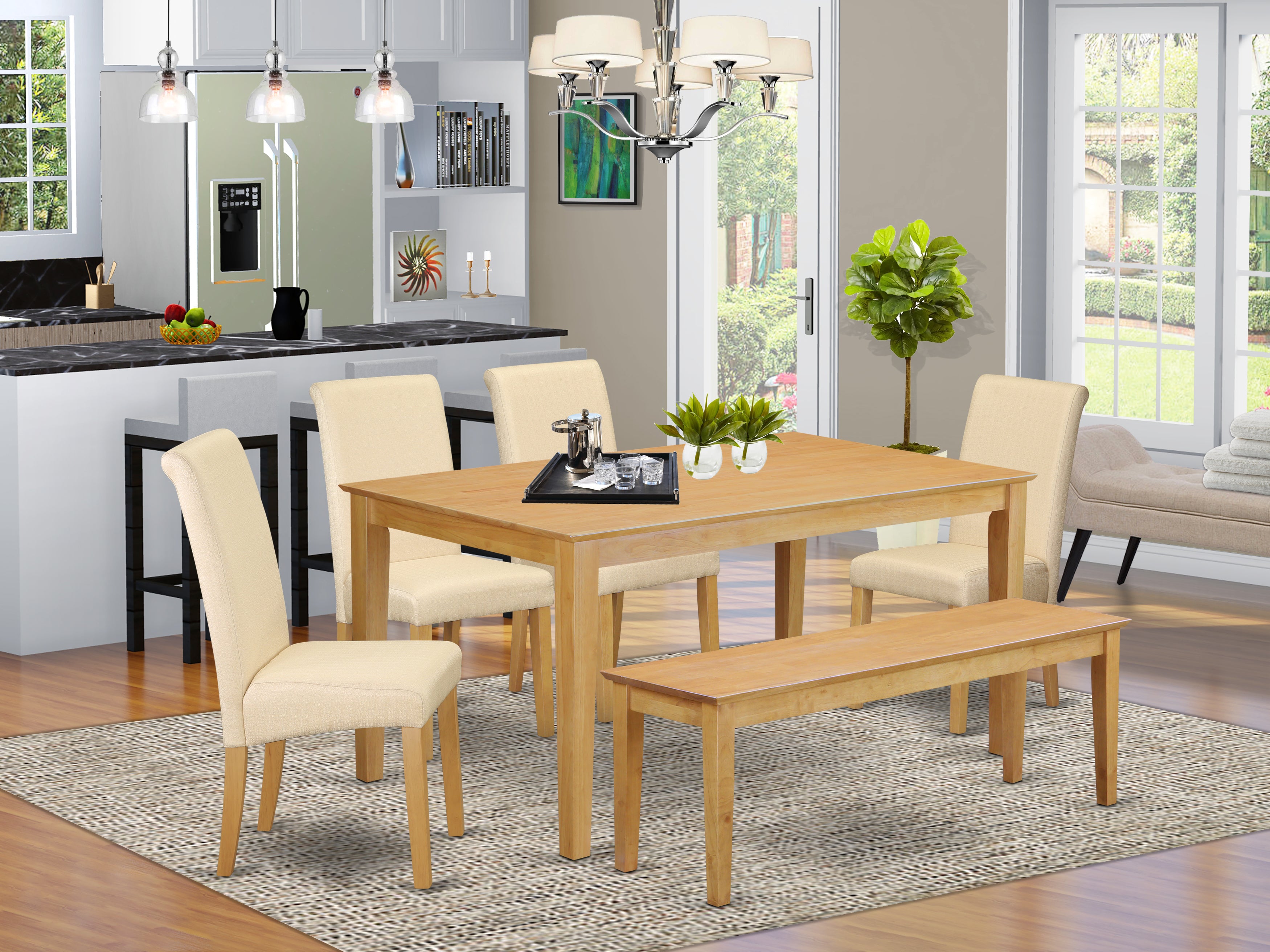 CABA6-OAK-02 6Pc Dining Room table with linen beige fabric Parson chairs plus one bench