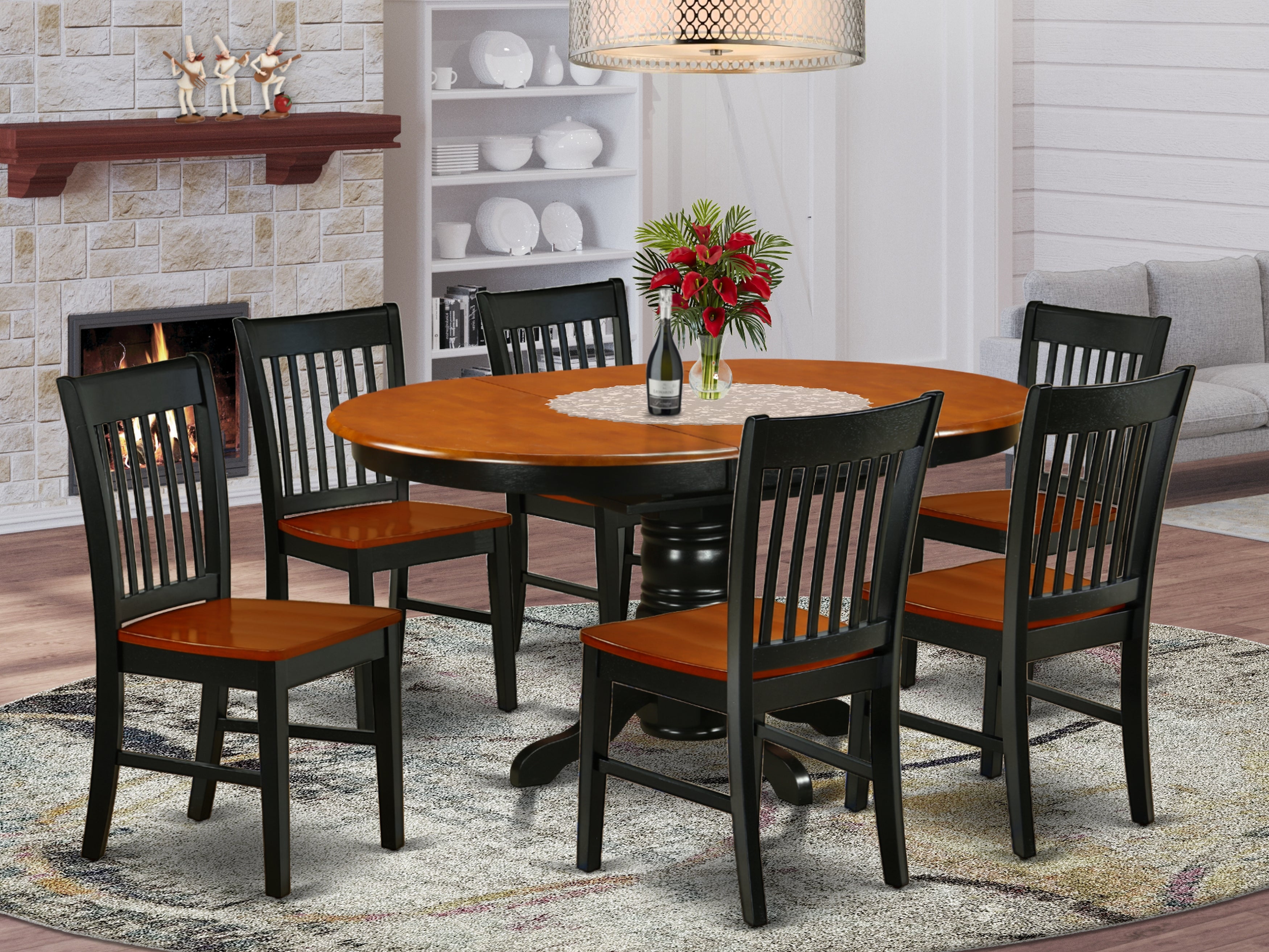 KENO7-BCH-W 7Pc Oval 42/60" Family Table With 18 In Leaf And 6 Wood Seat Dining Chairs
