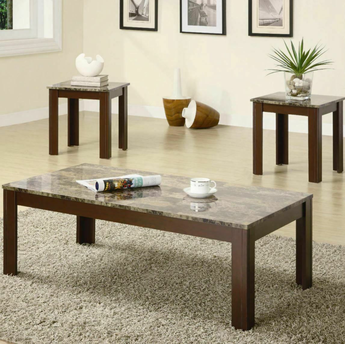 3-Piece Faux-Marble Top Occasional Coacktail Coffee Table Set Brown
