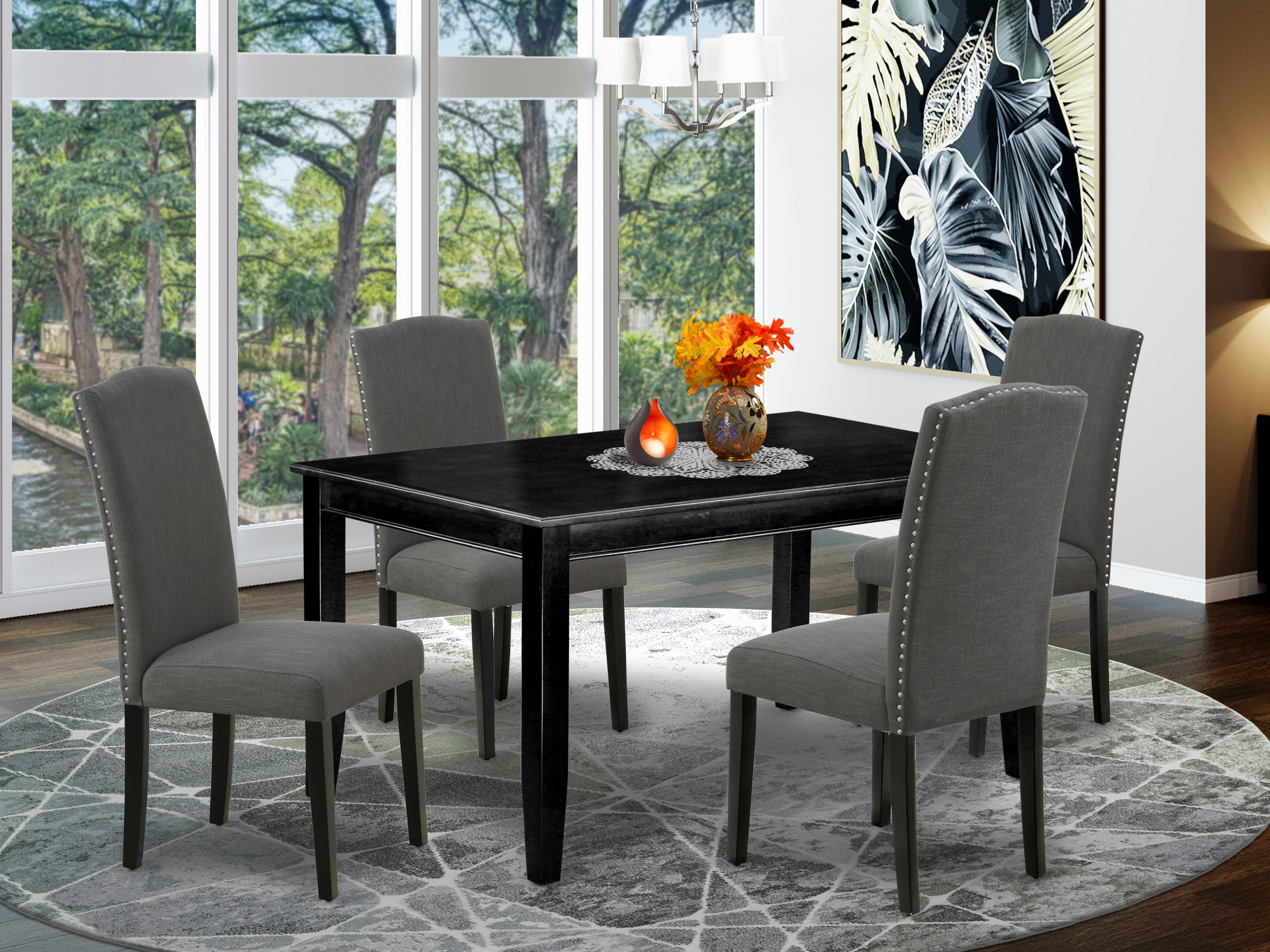 DUEN5-BLK-20 5Pc Rectangle 60 Inch Dining Table And Four Parson Chair With Black Leg And Linen Fabric Dark Gotham Grey