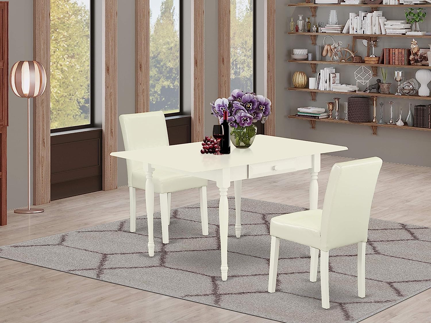 3Pc Dropleaf Rectangular Dining Table and 2 parson Chairs Set in Linen White