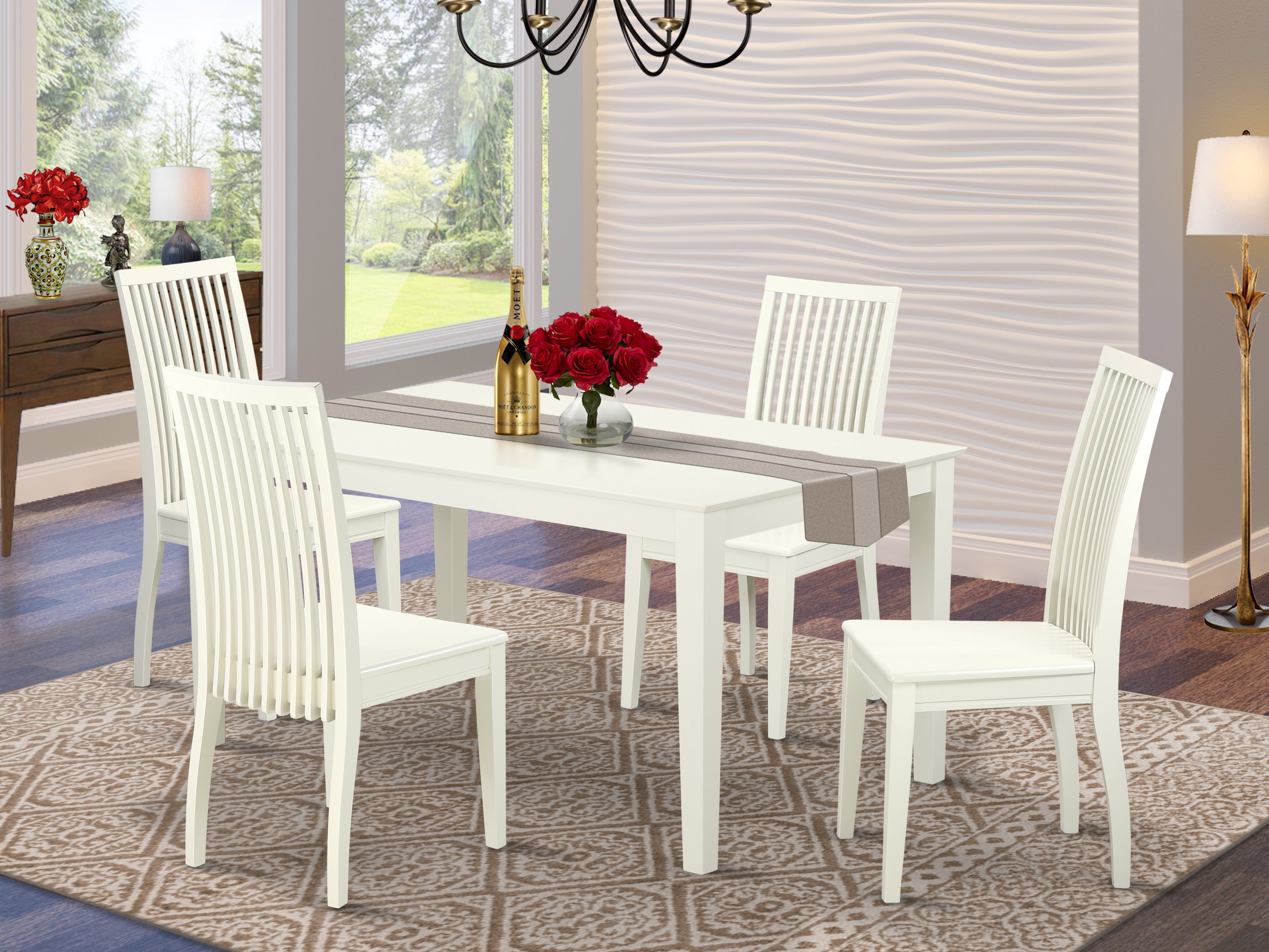 CAIP5-LWH-W 5 Piece dining table set for 4- Dining table and 4 Wood seat dining chairs