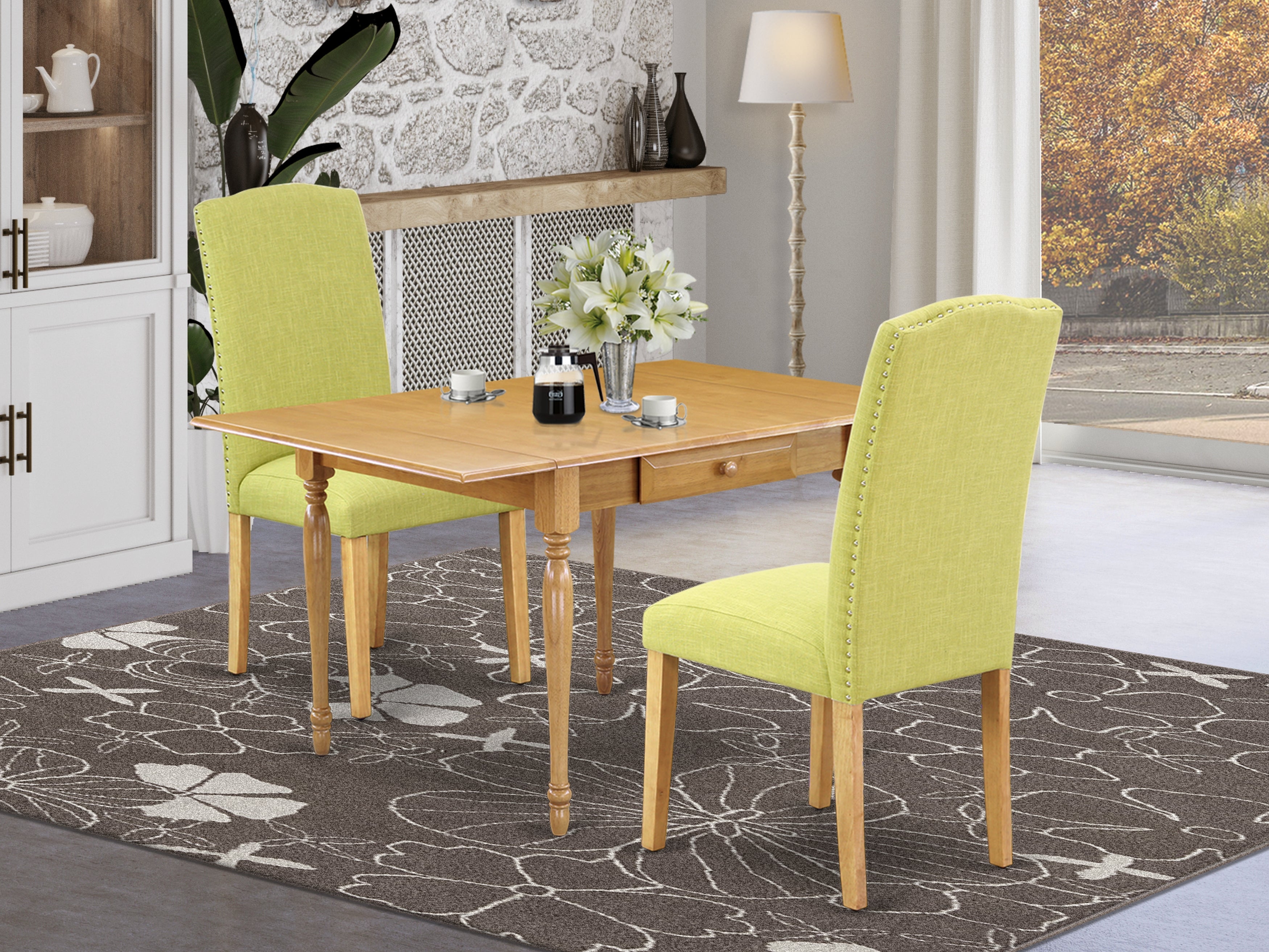 East West Furniture MZEN3-OAK-07 3Pc Kitchen Table Set Offers a Kitchen Table and 2 Parson Chairs with Limelight Color Linen Fabric, Drop Leaf Table with Full Back Chairs, Oak Finish
