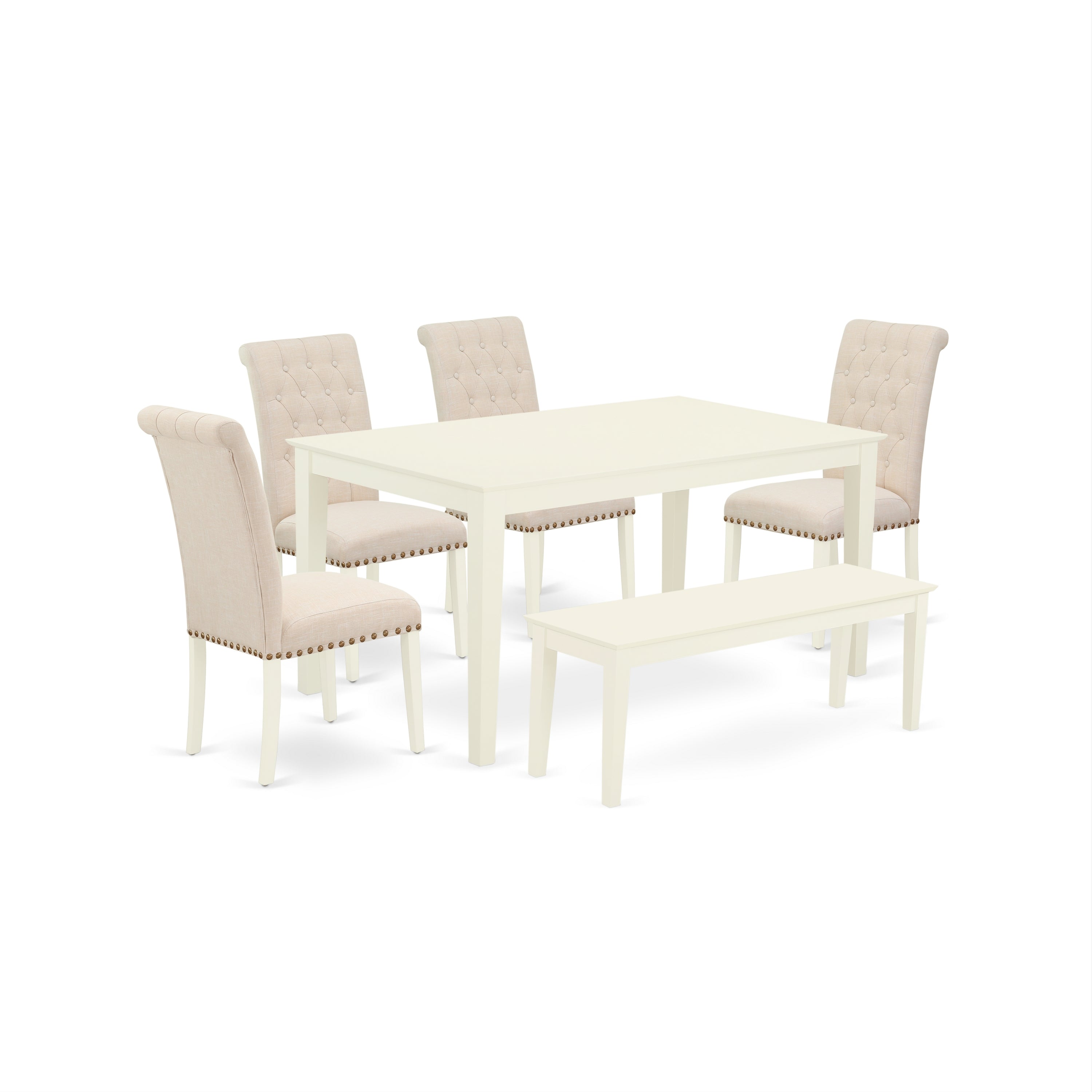 CABR6-LWH-02 6Pc Dining Set Includes a Rectangle Dinette Table and Four Parson Chairs with Light Beige Fabric and a Bench, Linen White Finish