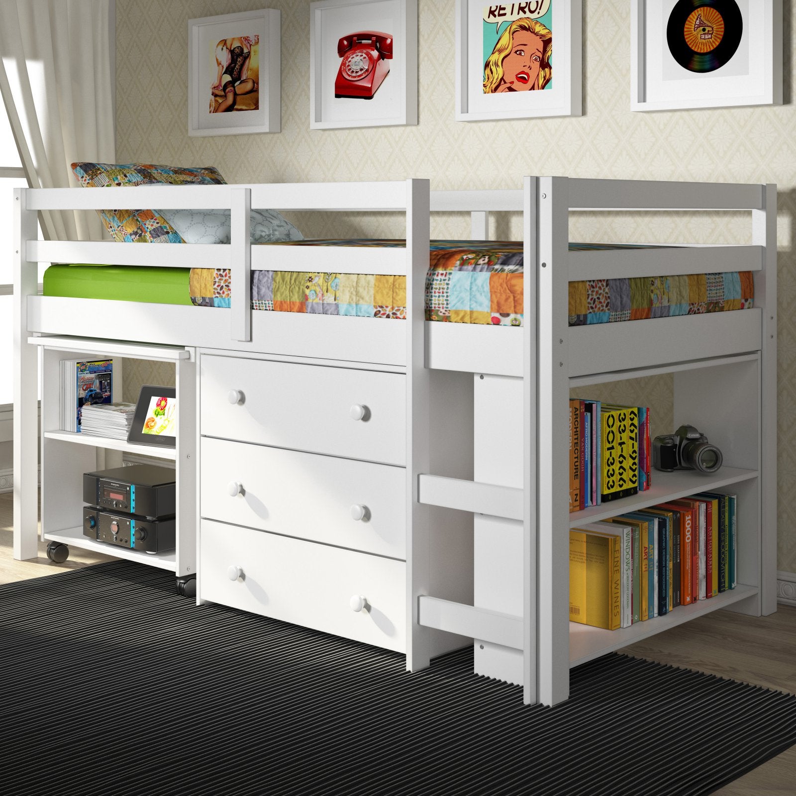 Donco Kids Low Study Loft Bed, Twin, White