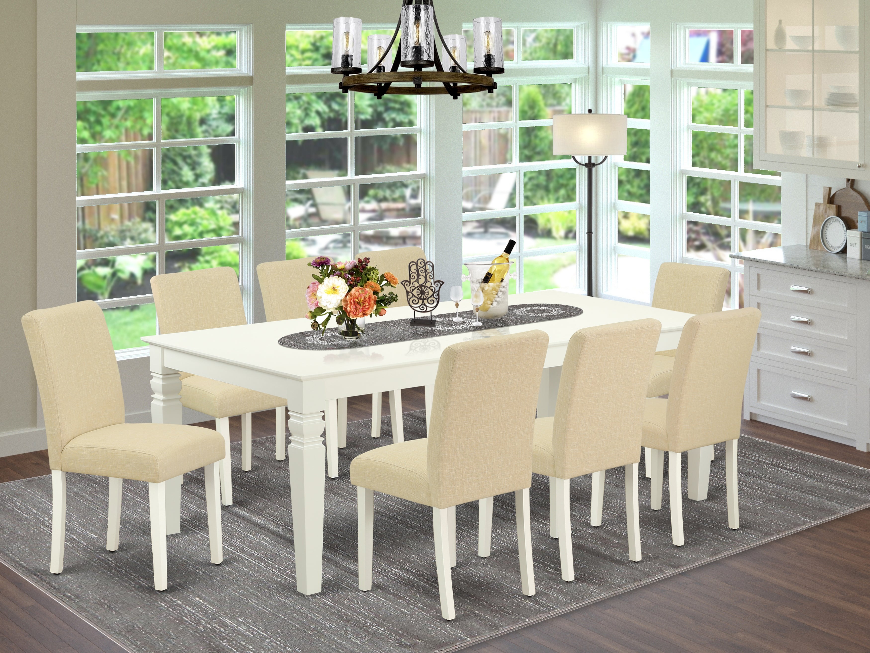 LGAB9-LWH-02 9Pc Rectangle 66/84 Inch Kitchen Table With 18 In Leaf And Eight Parson Chair With Linen White Leg And Linen Fabric Light Beige