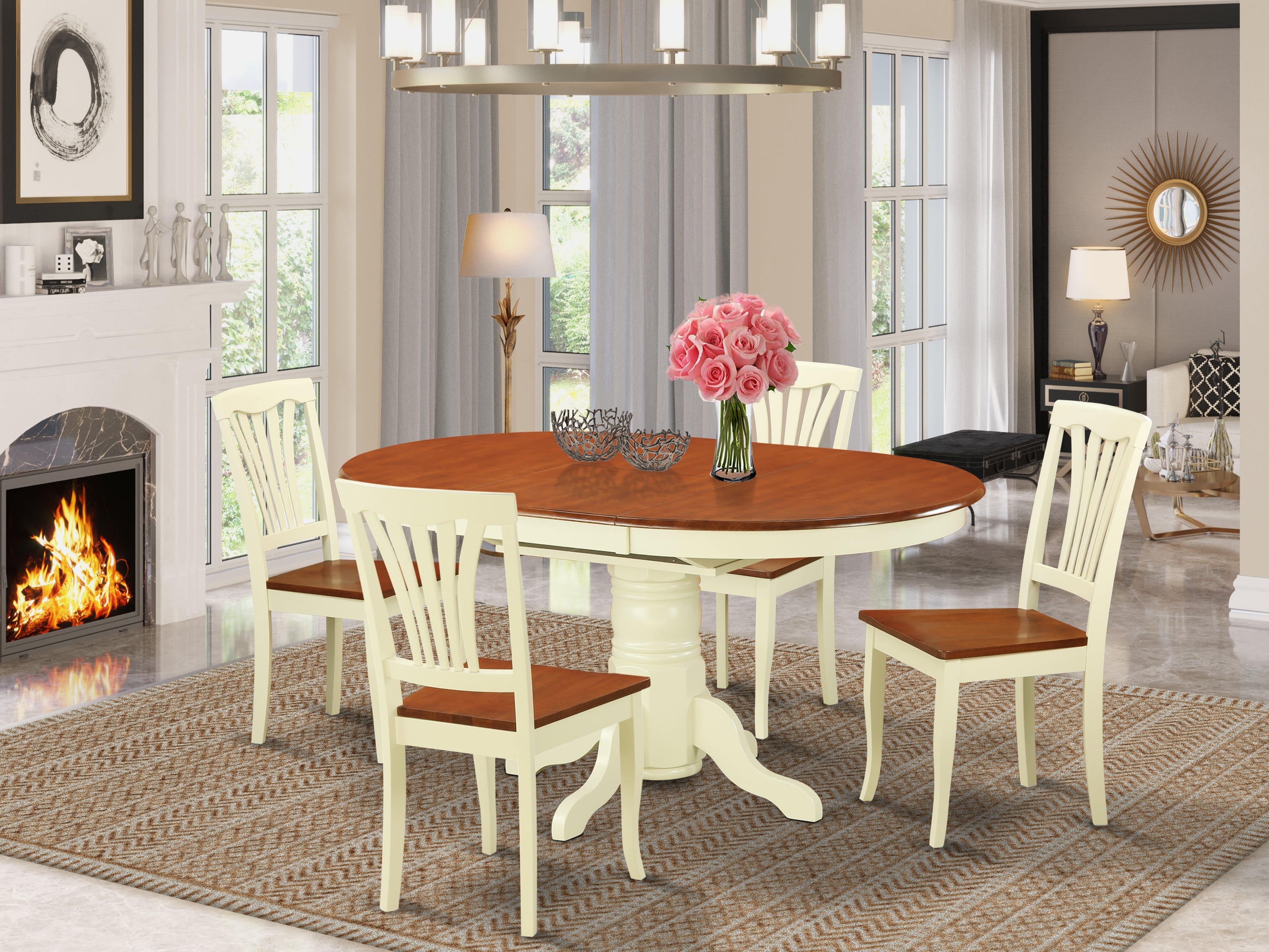 AVPL5-WHI-W 5 Pc Dining Table with Leaf and 4 Wood Kitchen Chairs in Buttermilk and Cherry