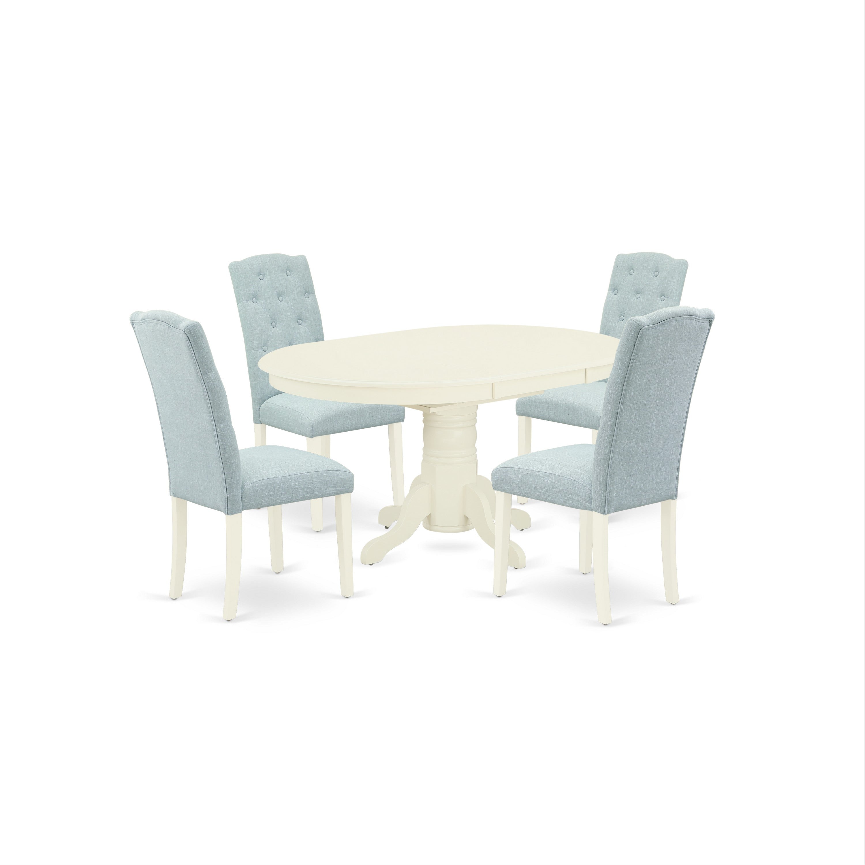 AVCE5-LWH-15 5Pc Dining Set Includes an Oval Dinette Table with Butterfly Leaf and Four Parson Chairs with Baby Blue Fabric, Linen White Finish