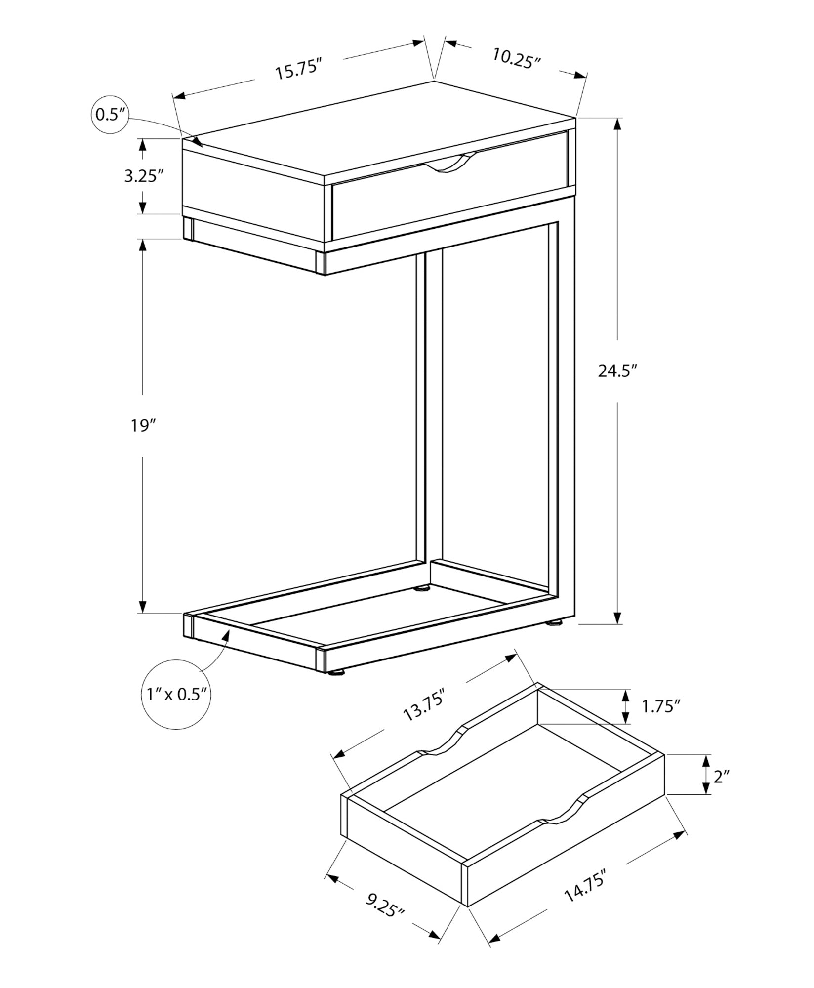 Modern C-Shaped Accent Chairside Table With Drawer in Glossy White