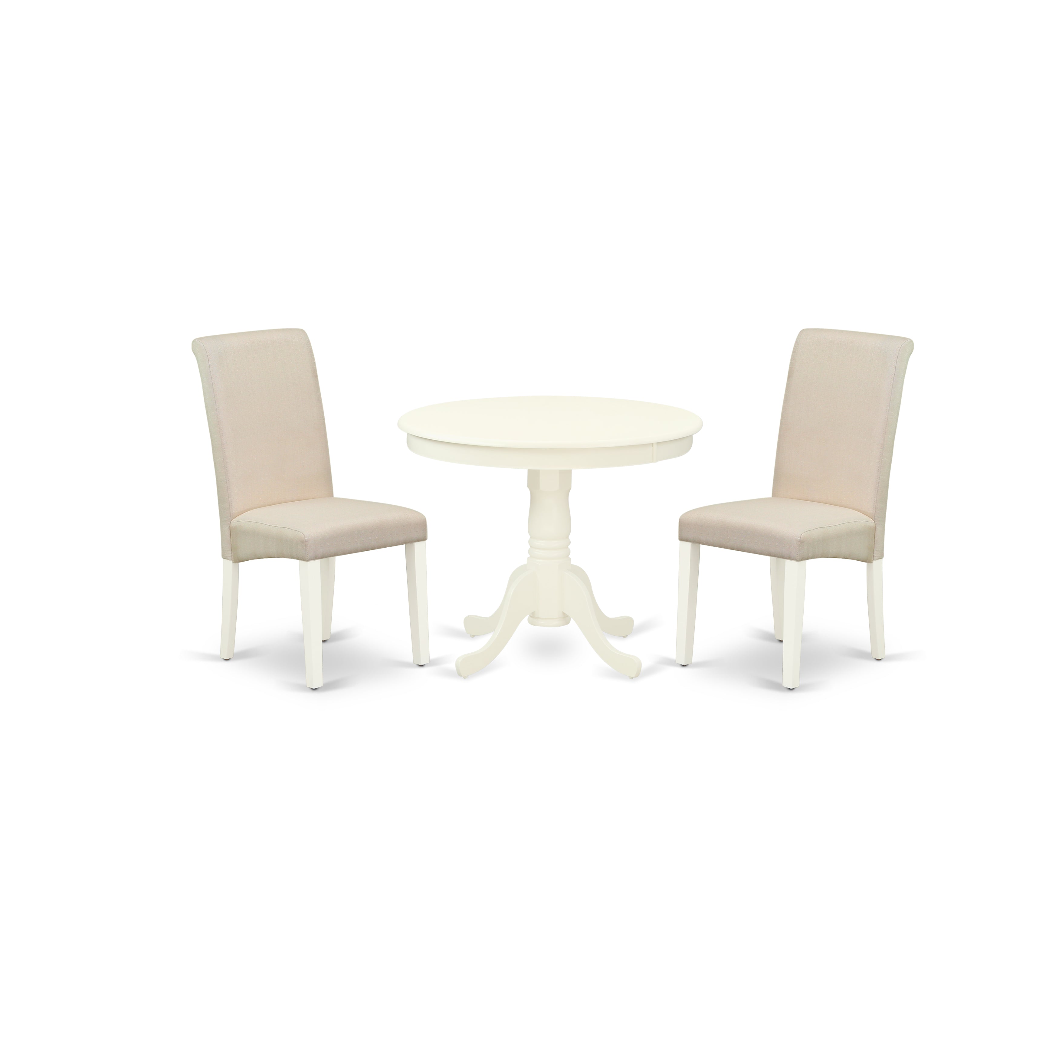 ANBA3-LWH-01 3Pc Dinette Set Includes a Small Rounded Kitchen Table and Two Parson Chairs with Cream Fabric, Linen White Finish