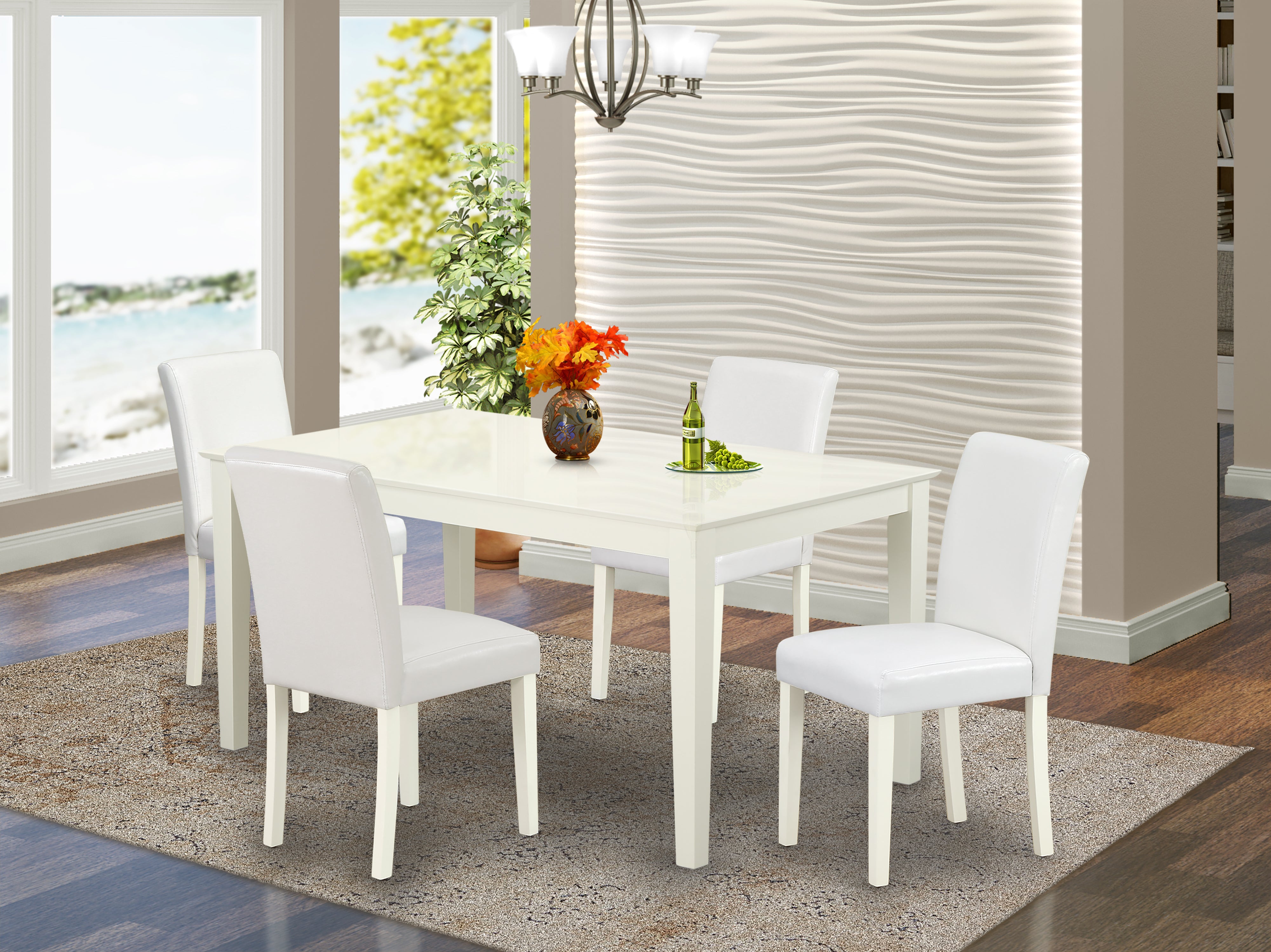 CAAB5-LWH-64 5Pc Rectangle 60" Dining Room Table And 4 Parson Chair With Linen White Leg And Pu Leather Color White