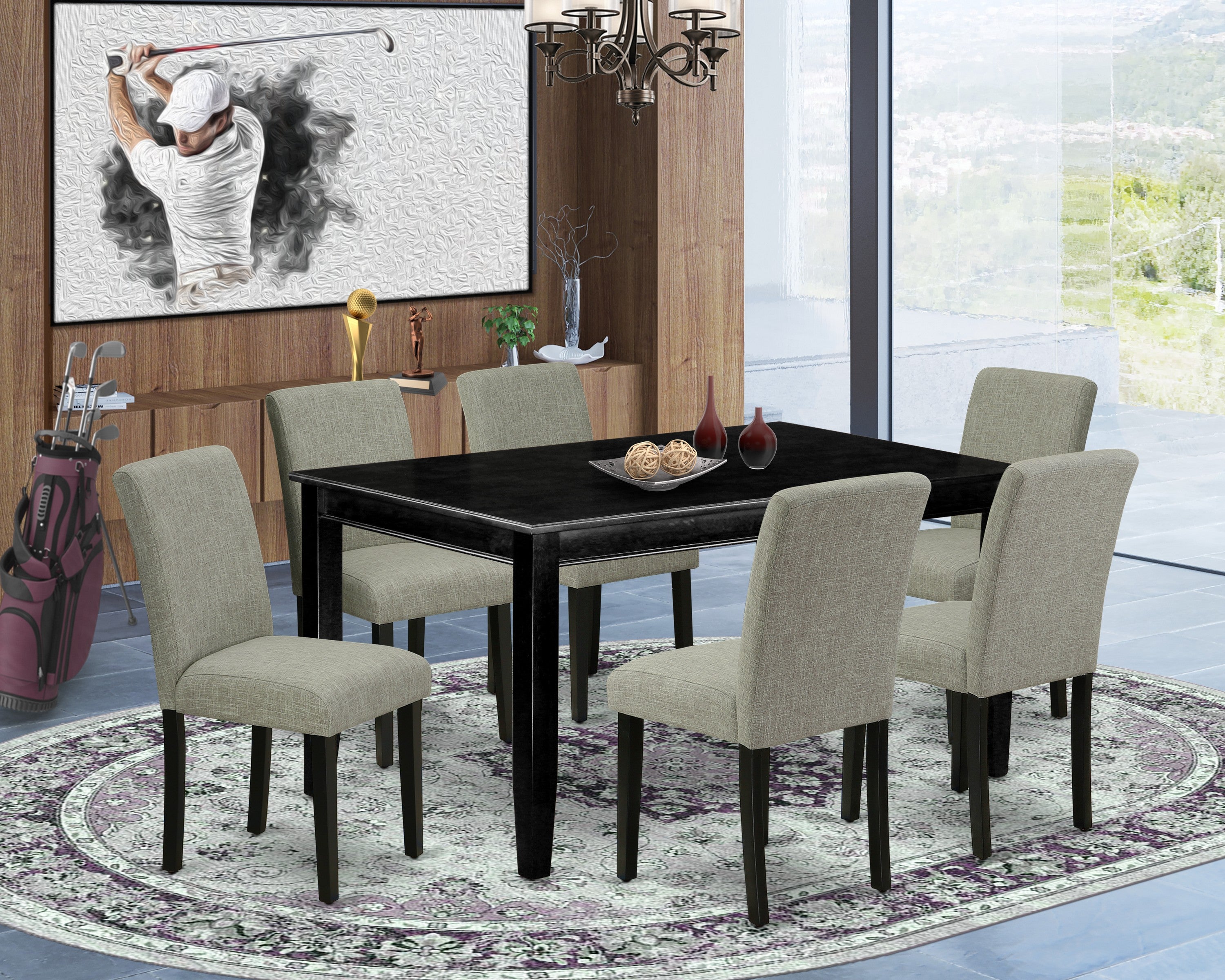 DUAB7-BLK-06 7Pc Rectangular 60 Inch Dining Table And Six Parson Chair With Black Leg And Linen Fabric Shitake