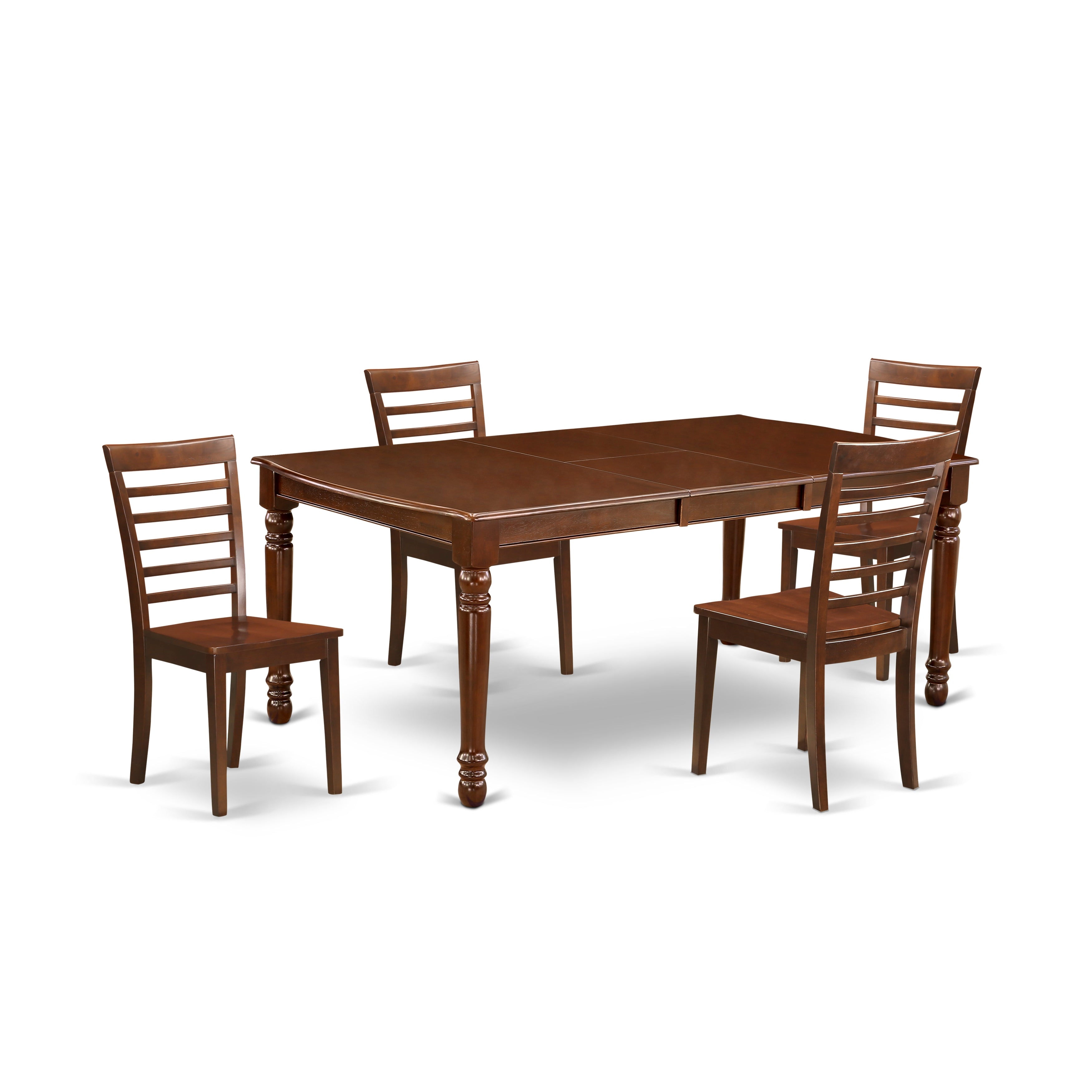DOML5-MAH-W 5Pc Rectangle 60/78 Inch Family Table With 18 In Leaf And 4 Wood Seat Dining Chairs