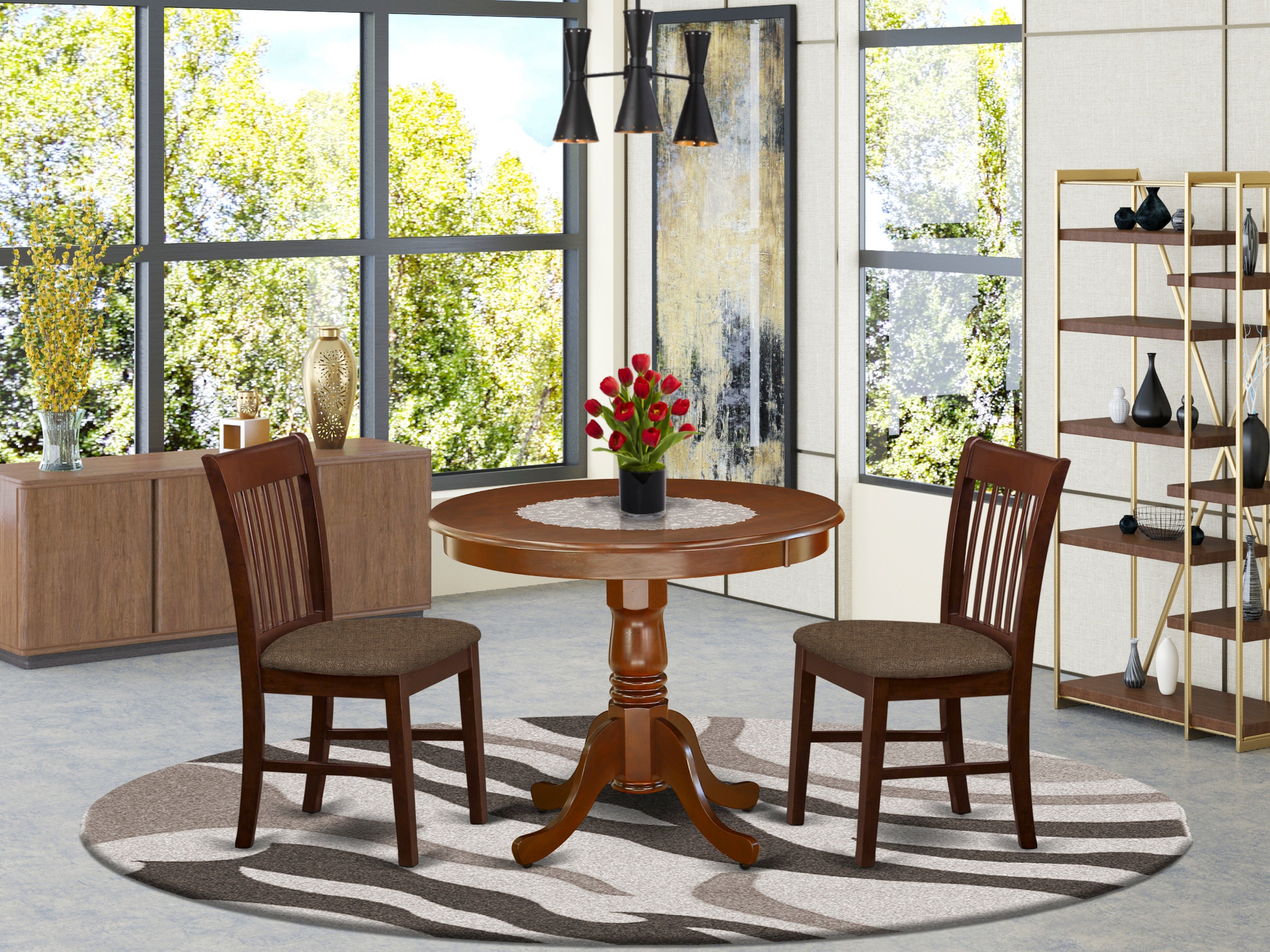 ANNO3-MAH-C 3Pc Rounded 36" Kitchen Table And Two Microfiber Upholstery Seat Dining Chairs