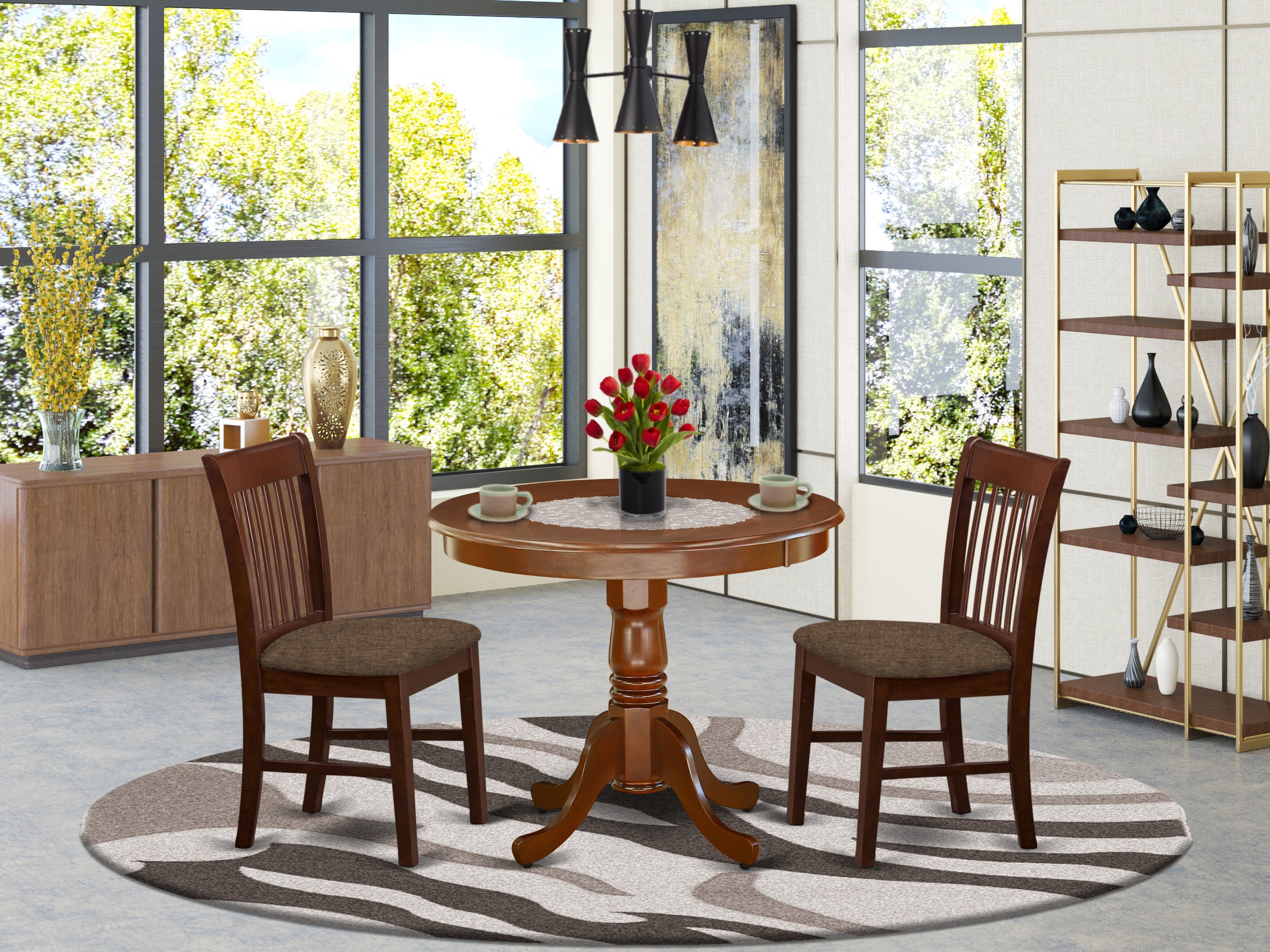 ANNO3-MAH-W 5Pc Round 36" Table And Four Kitchen Wood Seat Chairs