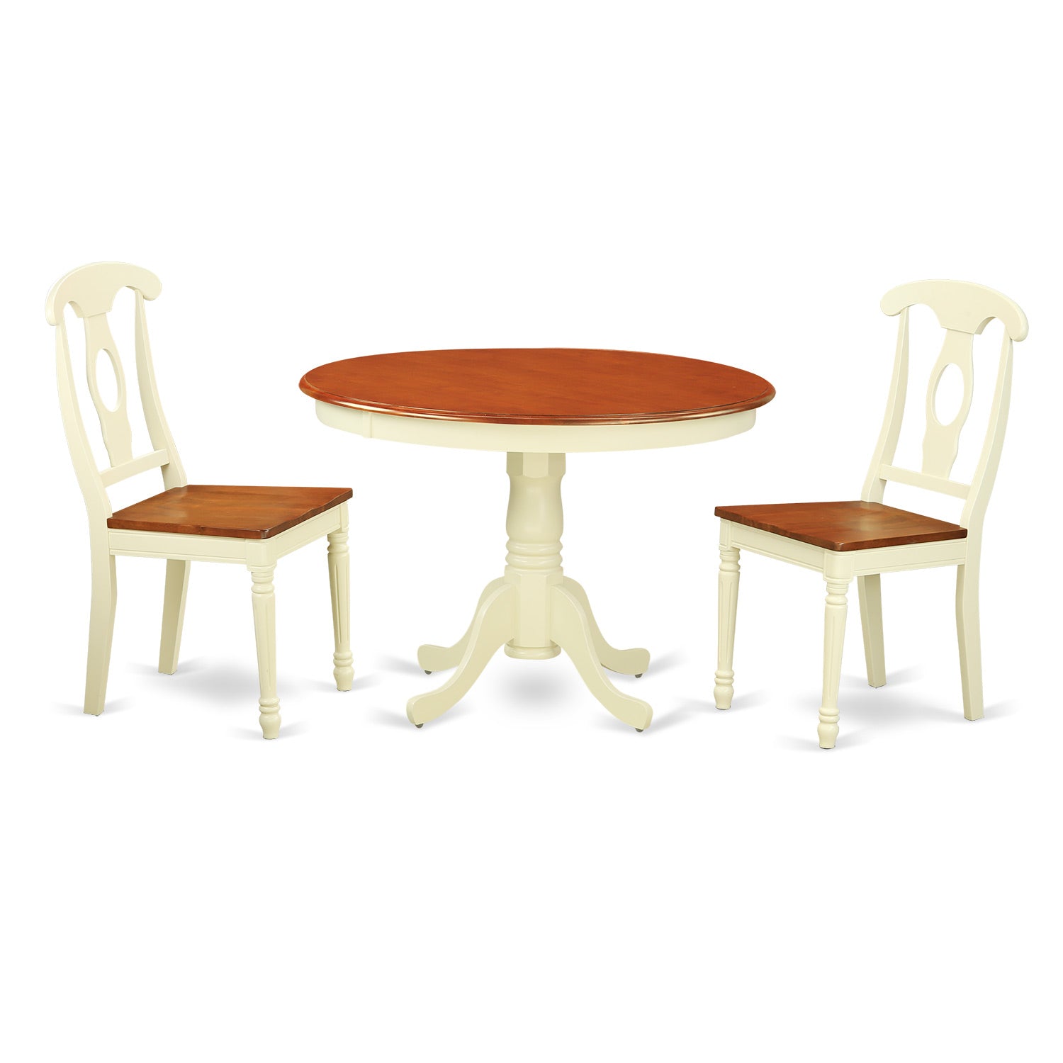 HLKE3-BMK-W 3 Pc set with a Round Kitchen Table and 2 Wood Dinette Chairs in Buttermilk and Cherry .