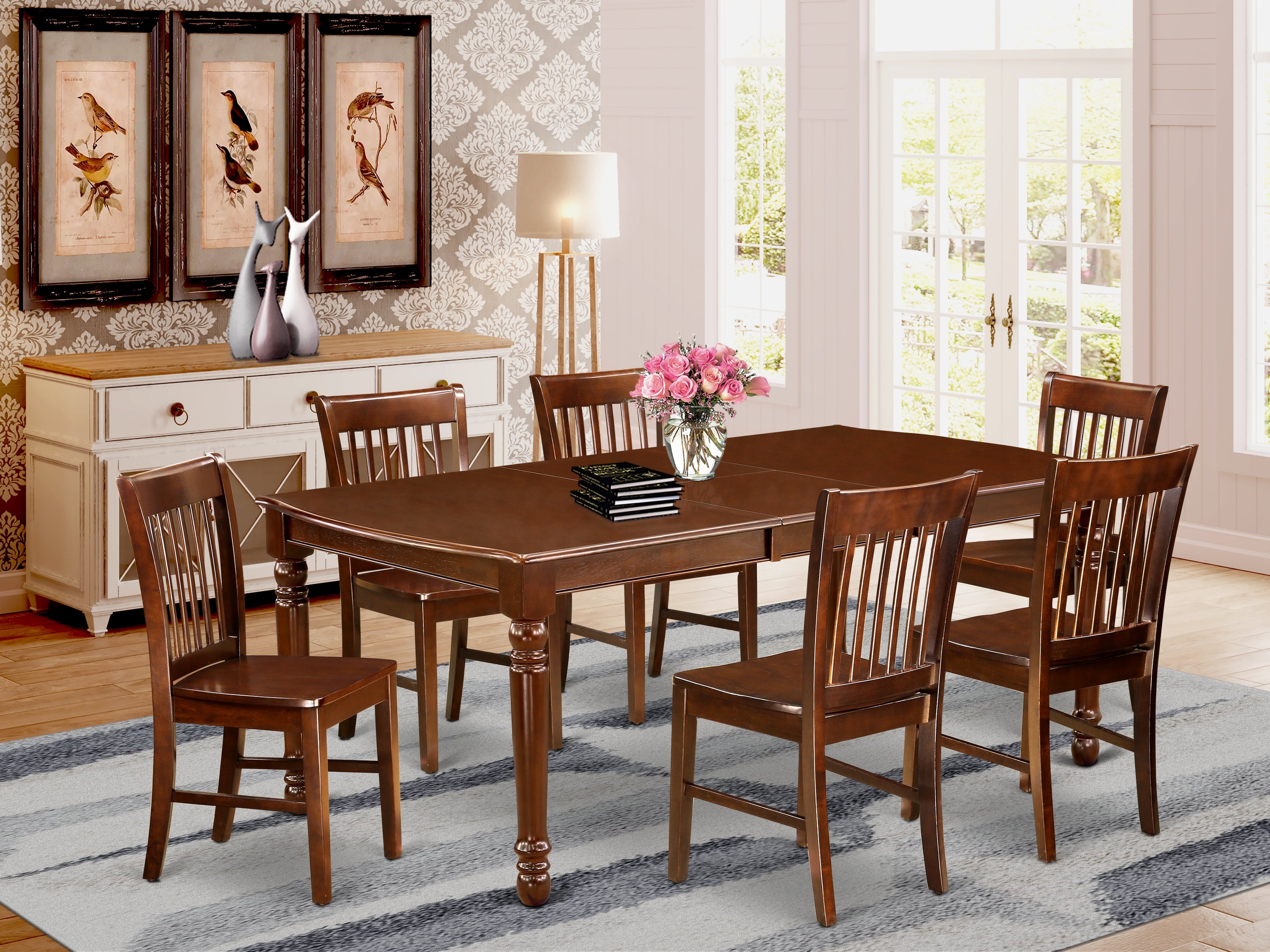 DONO7-MAH-W 7Pc Rectangle 60/78" Dining Room Table With 18 In Leaf And 6 Wood Seat Kitchen Chairs