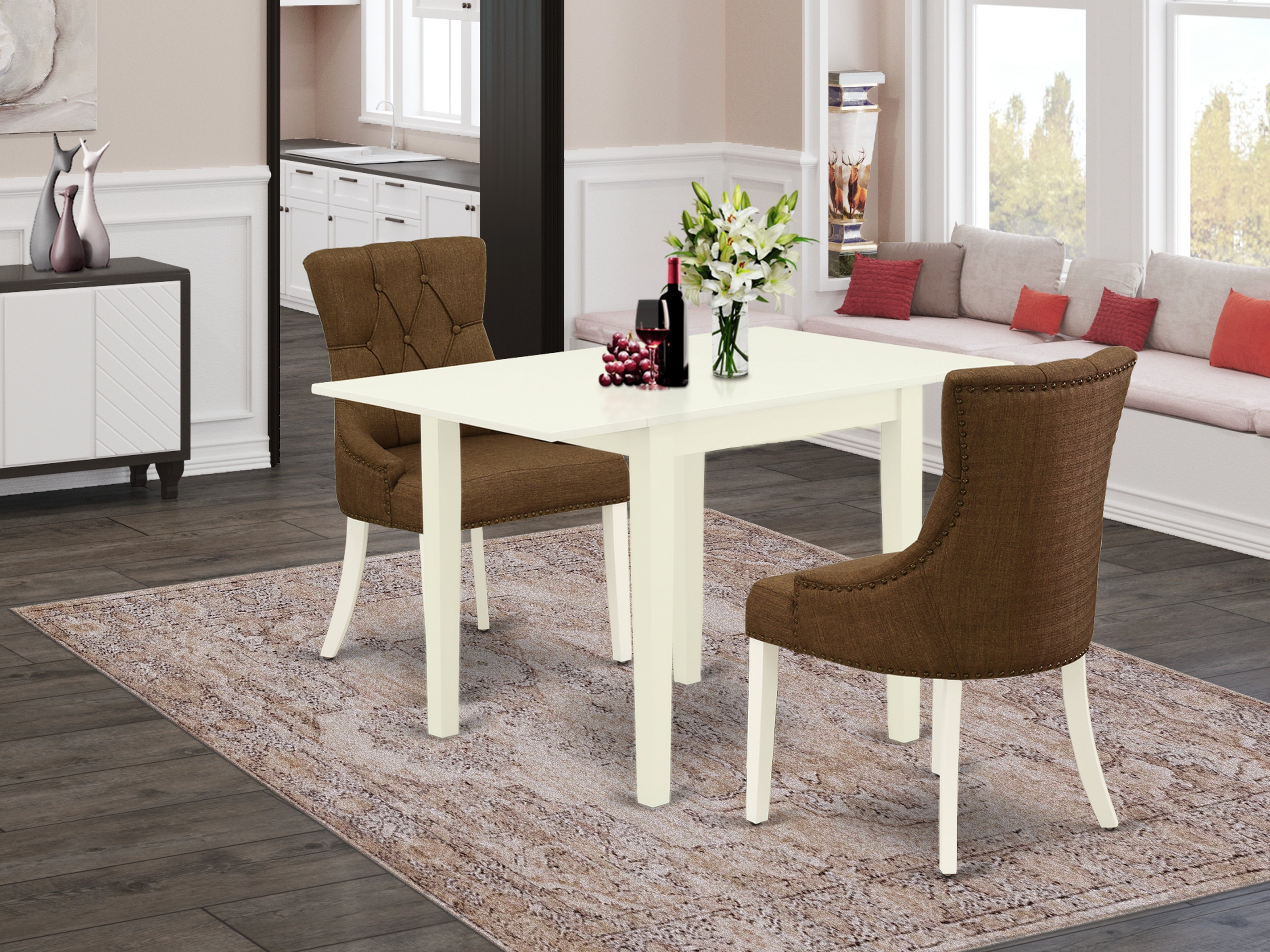 East West Furniture NDFR3-LWH-18 Dining Room Table Set 3 Pcs - Two Dining Chairs and Dining Room Table - Linen White Finish Wood - Dark Coffee Color Linen Fabric