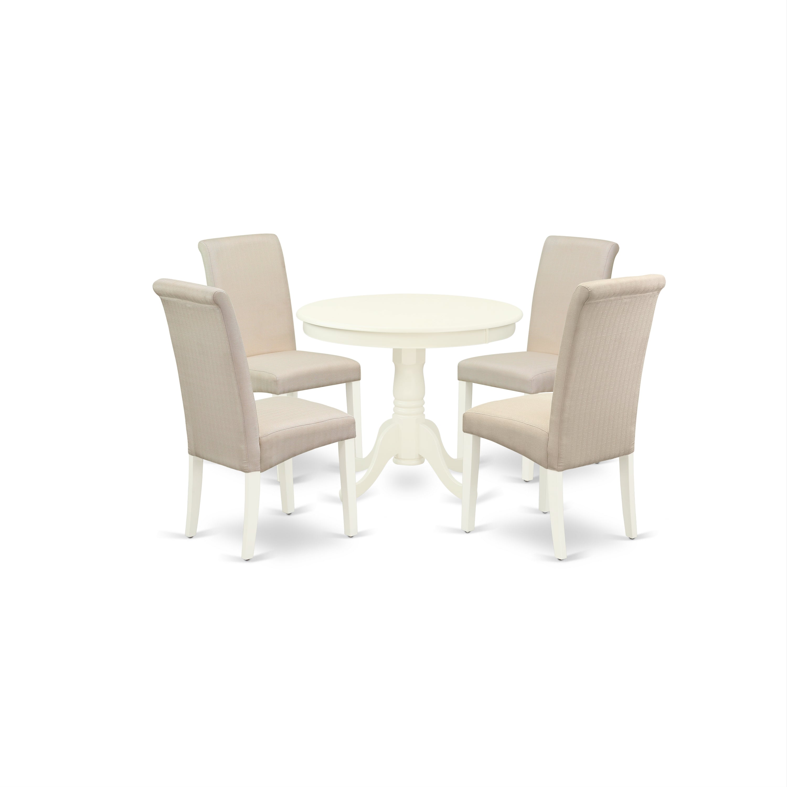 ANBA5-LWH-01 5Pc Dining Set Includes a Small Round Dinette Table and Four Parson Chairs with Cream Fabric, Linen White Finish