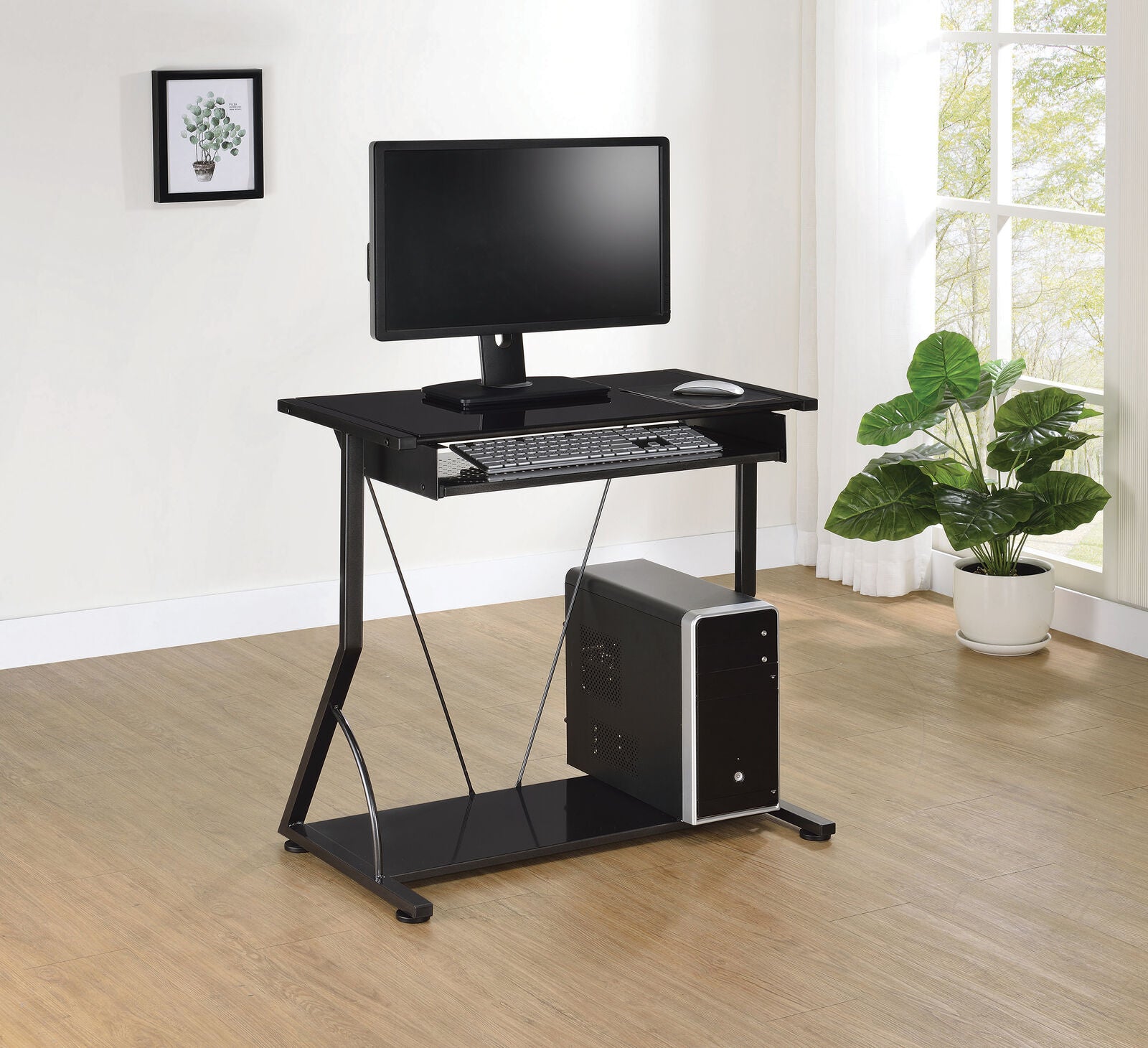 Contemporary Computer Desk with Keyboard Tray in Black