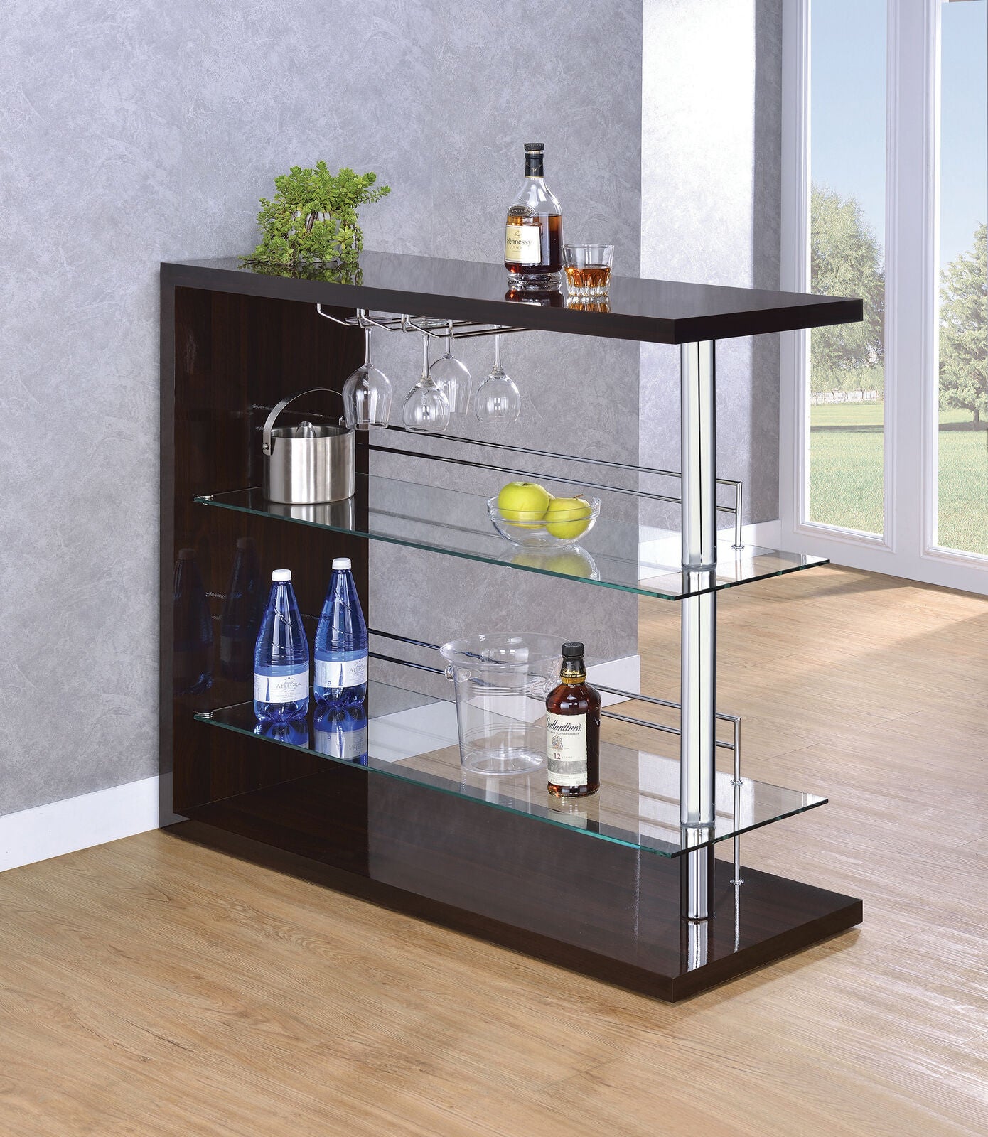 Coaster Modern Pub Home Glossy Cappuccino Bar Table Unit Glass Shelves Wine Rack