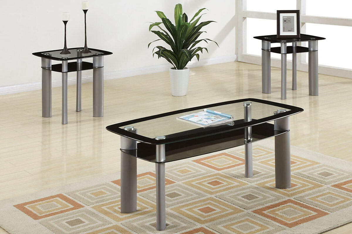 Contemporary Modern Black 3 Piece Tempered Glass Occasional Coffee Table set